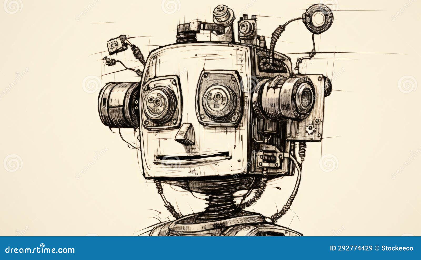 playful caricature of an old robot: retro sketch with charming characters