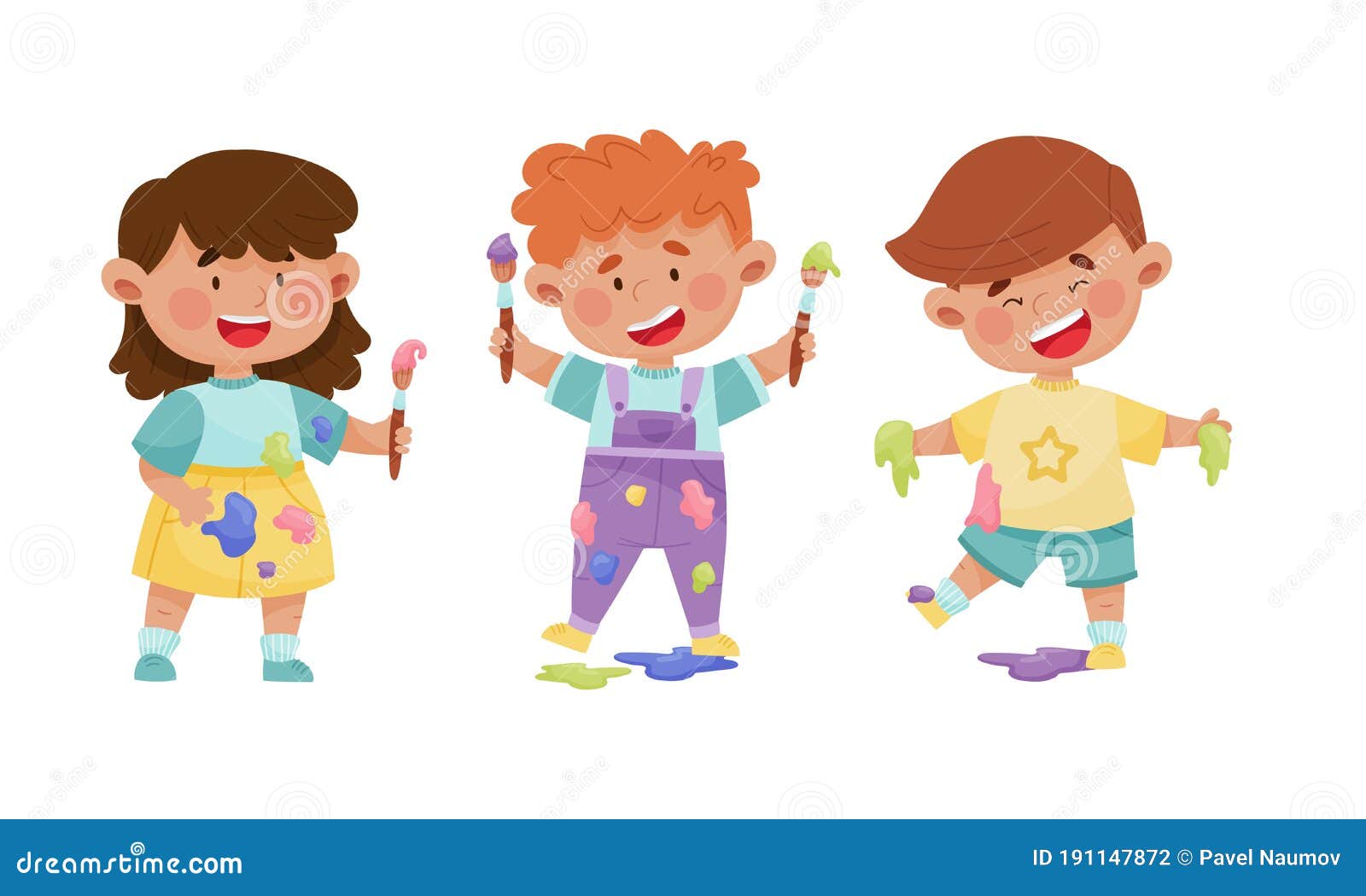 Playful Children in Stained Clothes Holding Paintbrushes and Paints ...