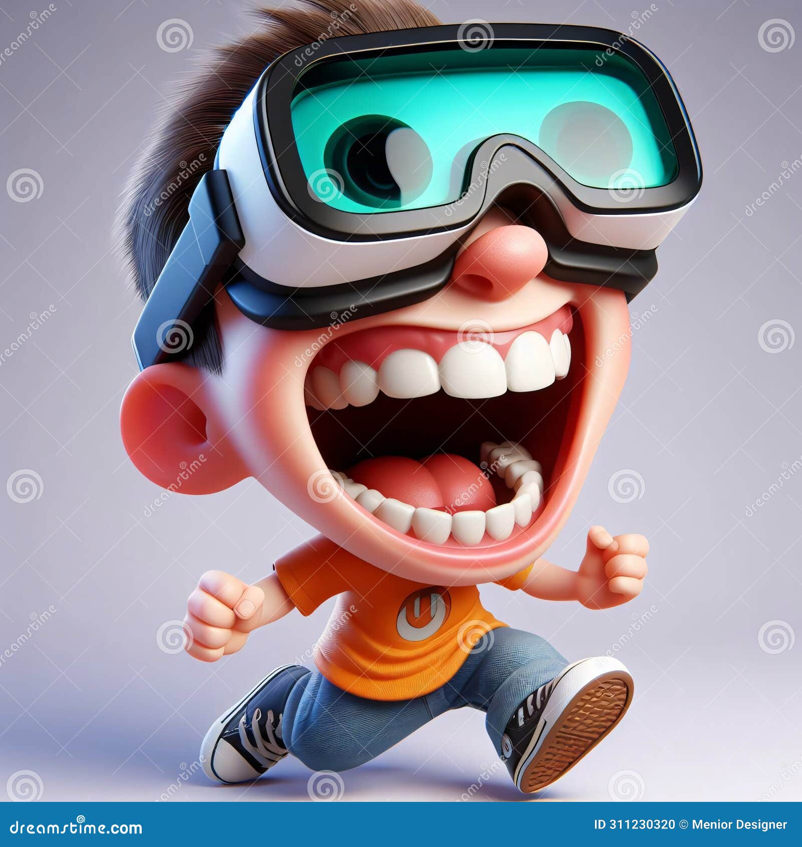 playful 3d caricature, features exaggerated, laughs loudly in vr goggles, rendered in 3d movies style animation, full