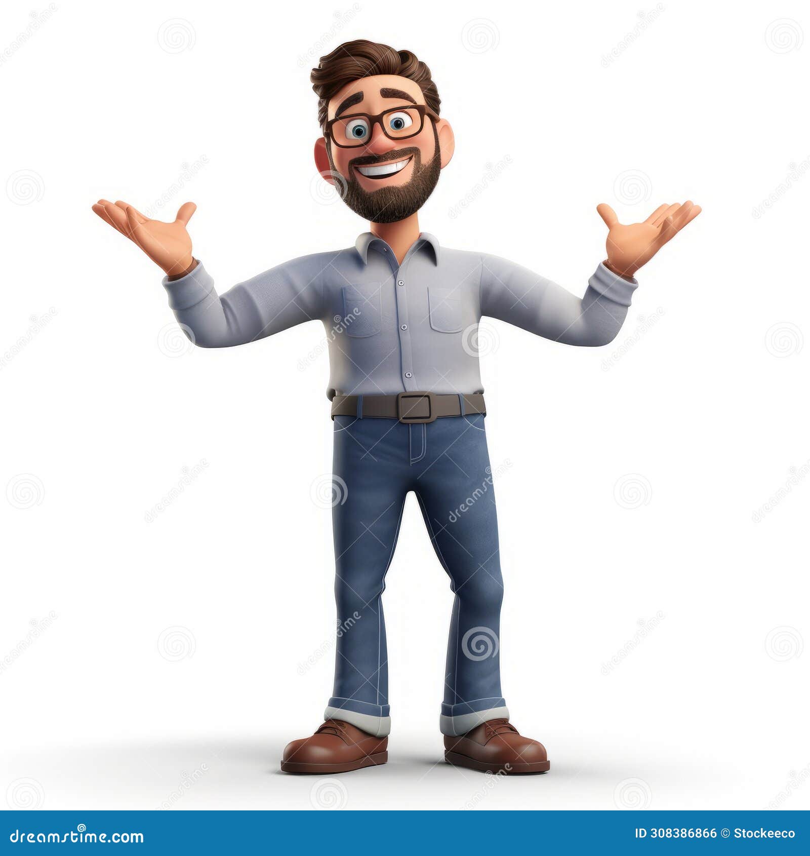 playful 3d character: bearded man with glasses and jeans