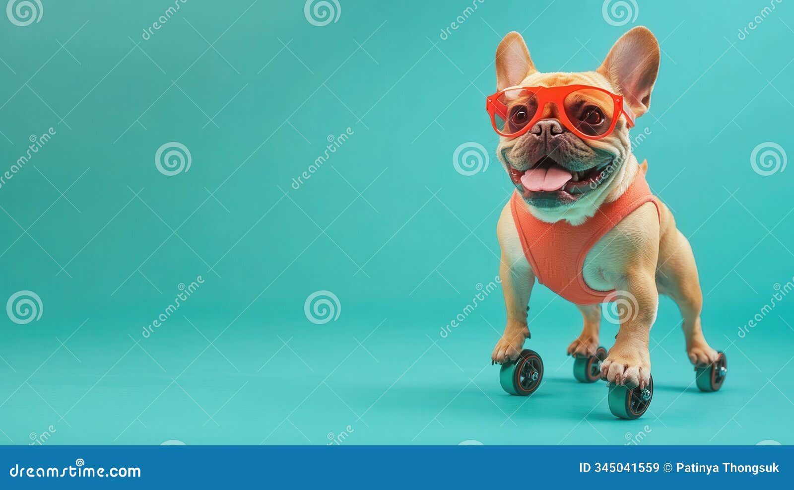 playful dog on roller skates with sunglasses
