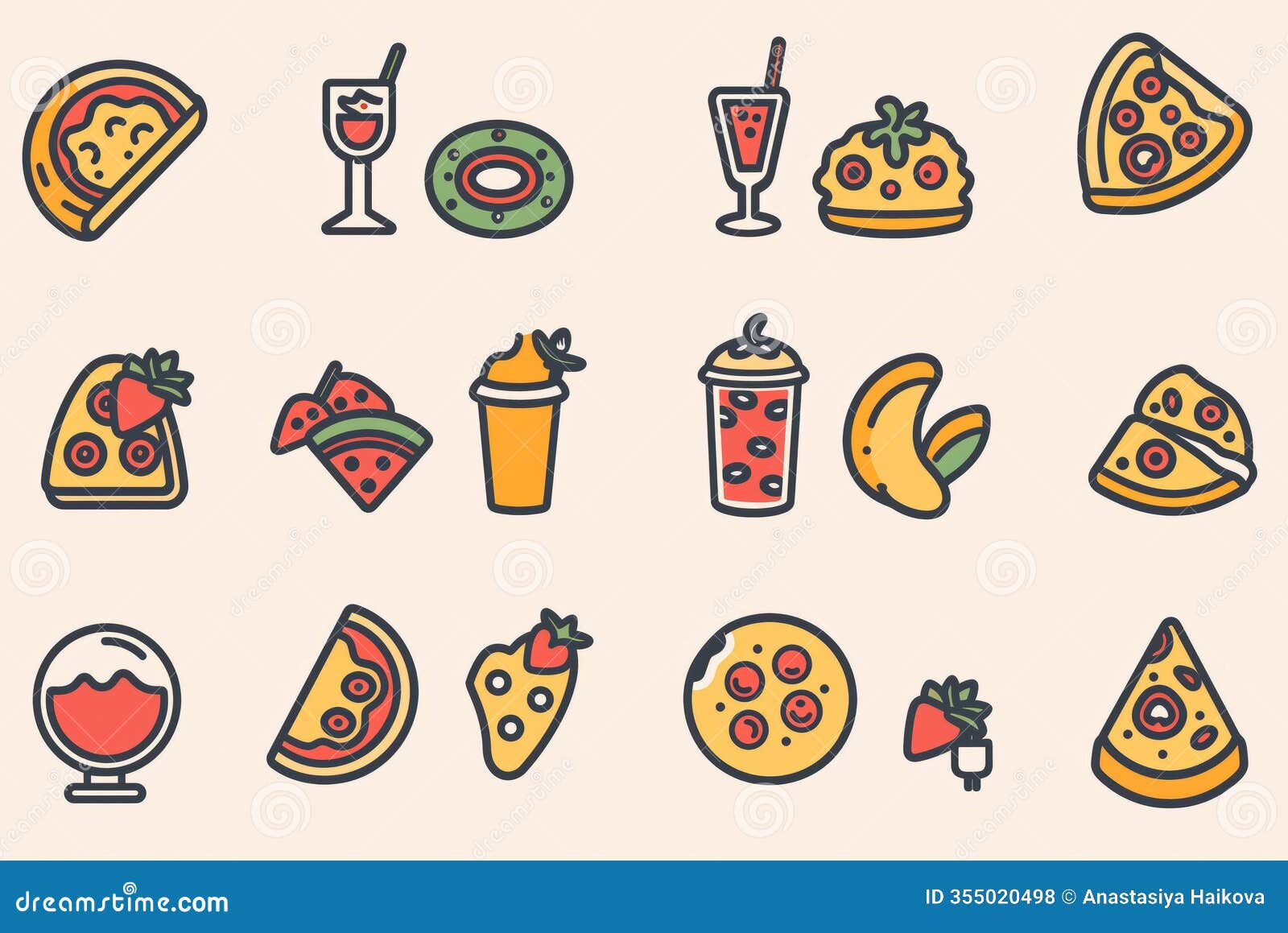 playful food icons featuring pizzas, fruits, drinks, and desserts in a colorful and outlined flat  style, perfect for modern