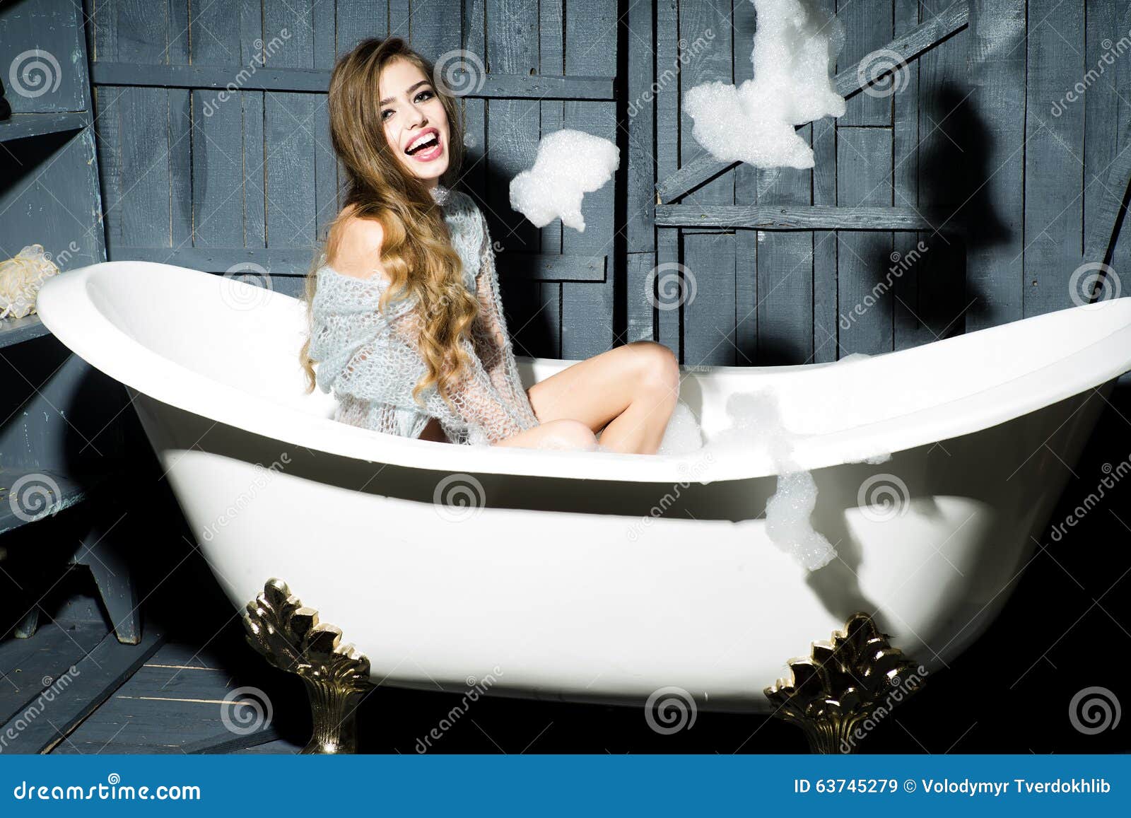 Playful Girl In Bath Stock Image Image Of Gorgeous Bathtub 63745279 