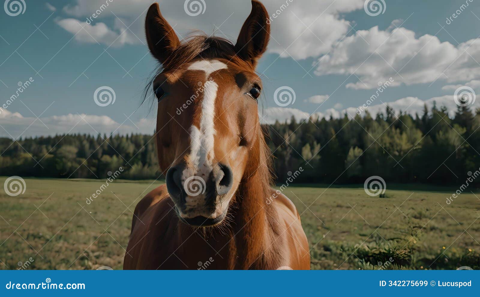 playful horse in field with cloudy sky