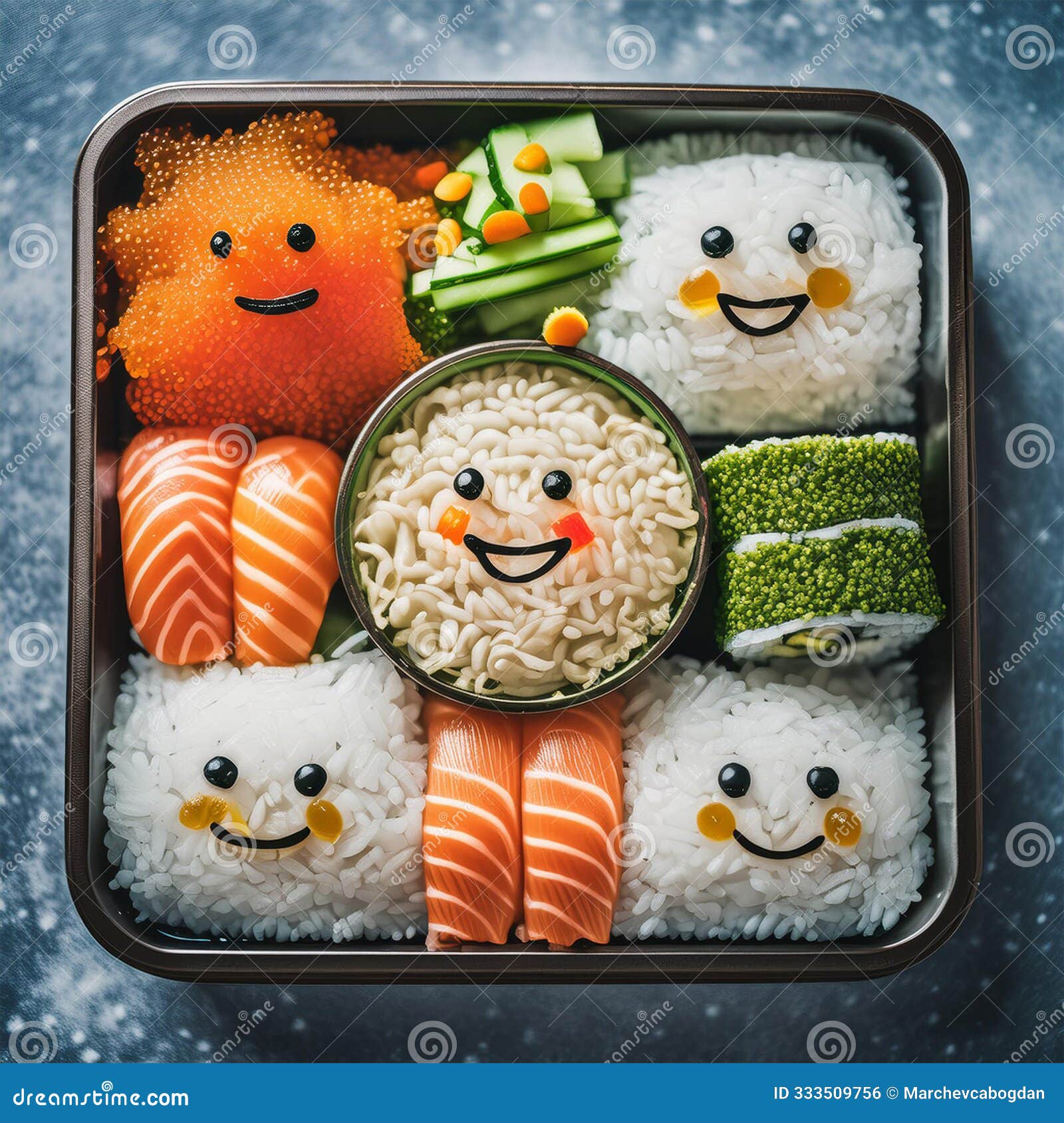 playful japanese bento box with happy character food creations. ai content generation.