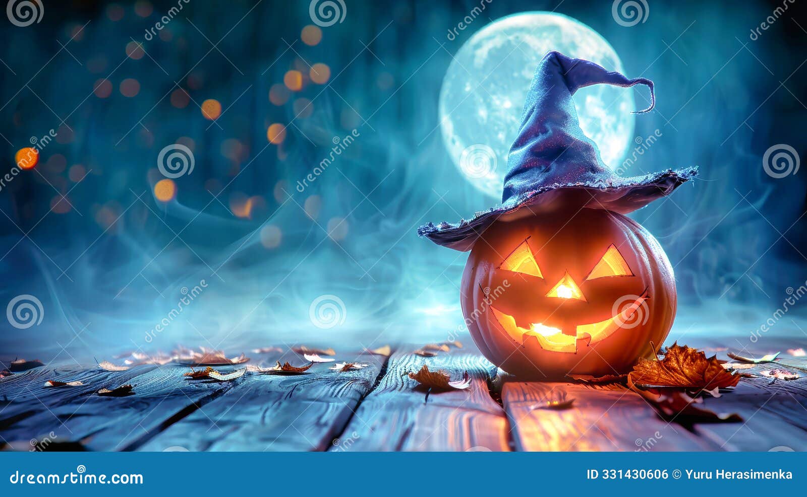 a playful pumpkin dons a witch hat as it illuminates the night, framed by a radiant full moon and scattered autumn leaves,