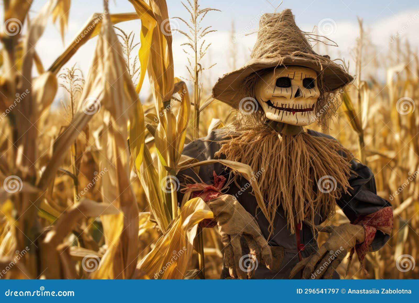 Playful Scarecrow Guarding Thriving Corn Crop with Diligence