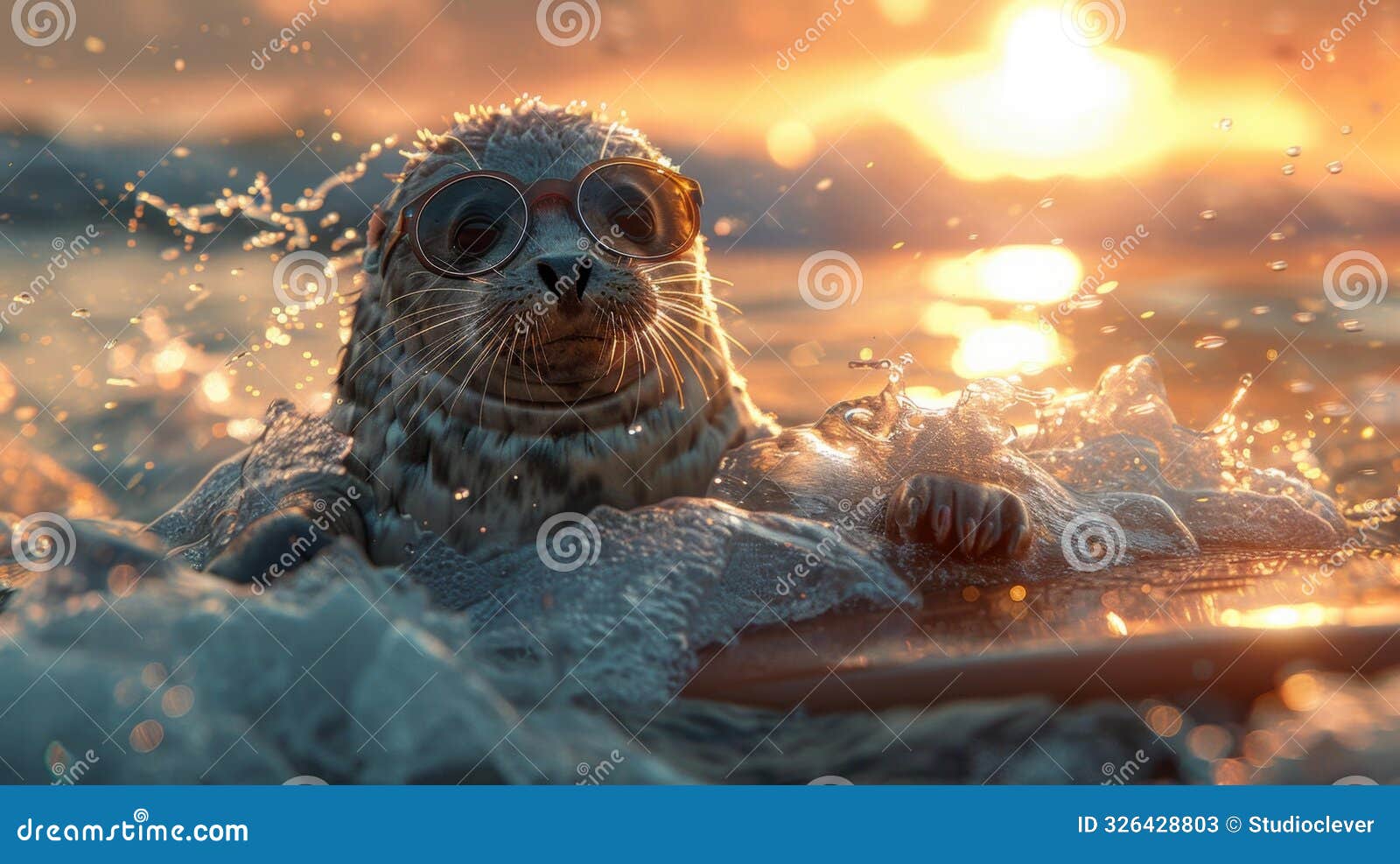 playful seal with goggles at sunset - generative ai