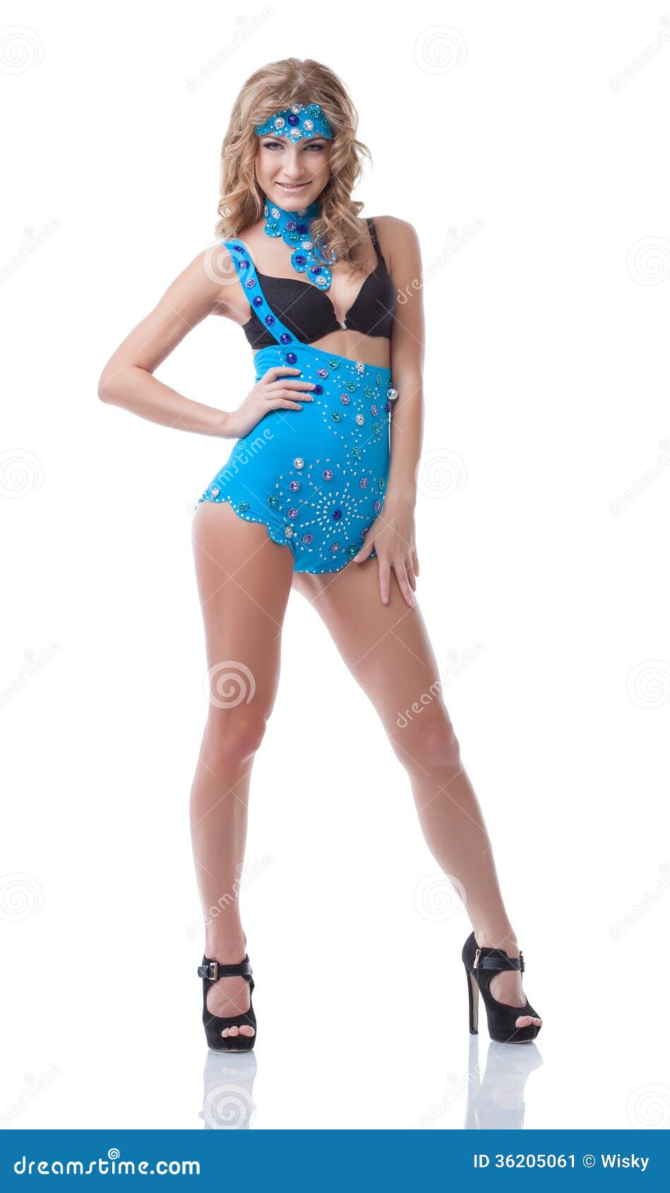 Playful Slim Model Posing in Blue Erotic Costume Stock Image