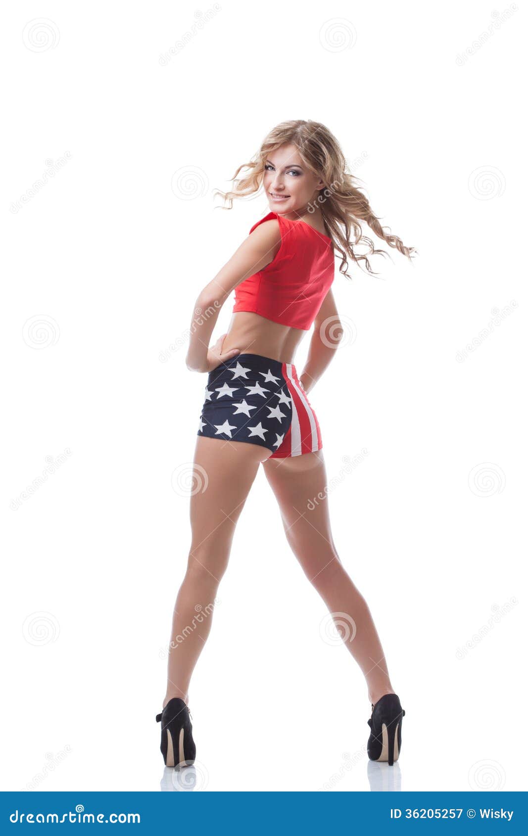 Playful Slim Woman Posing in Patriotic Costume Stock Image