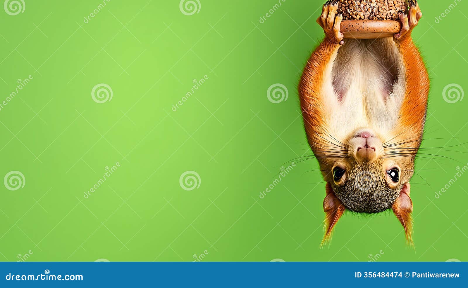 playful squirrel hanging upside down on green background