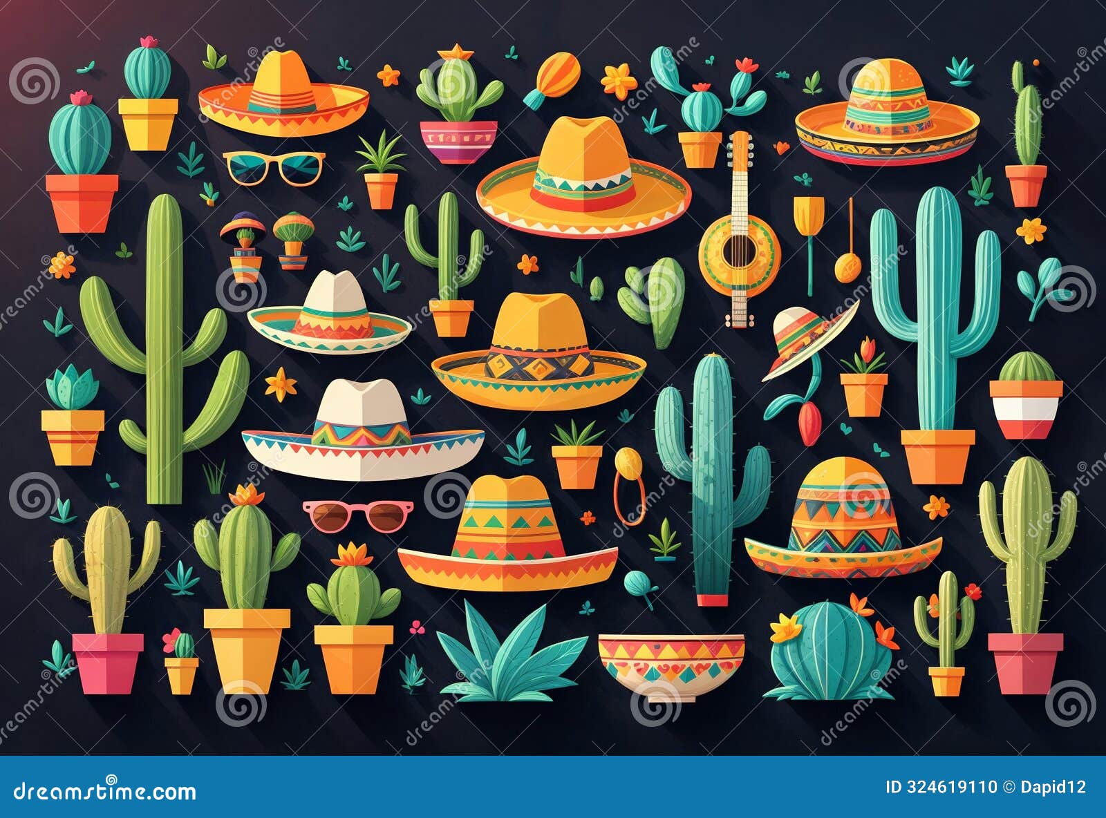 a playful  pattern with minimalist icons of hispanic culture sombreros, maracas, and cacti