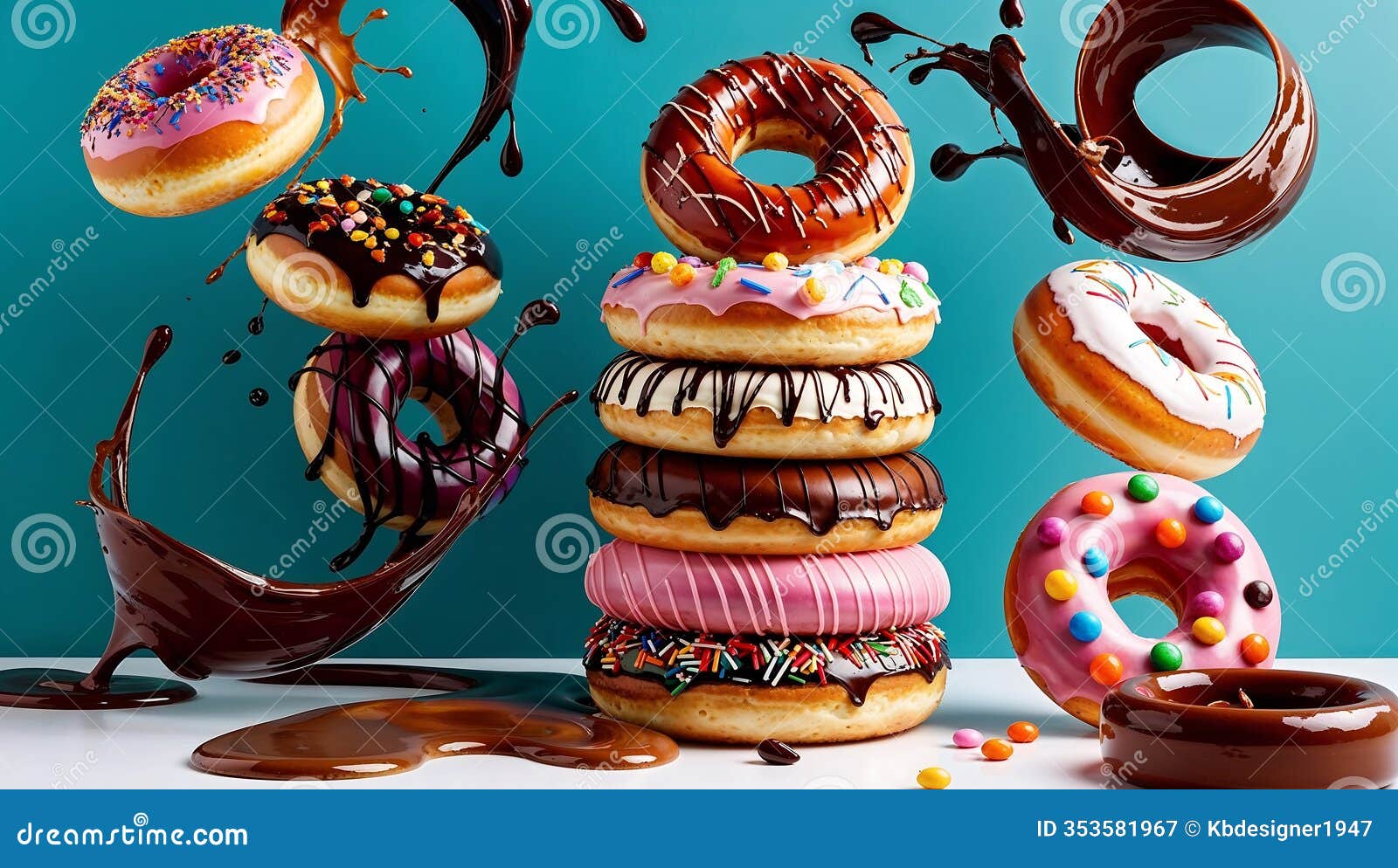 playful vertical stack of colorful donuts against a teal background
