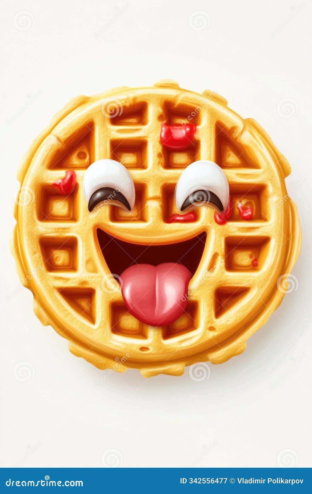 a playful waffle with facial features, as if alive and enjoying its snack time