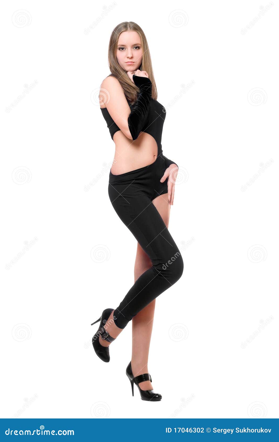 playful young woman in skintight black costume