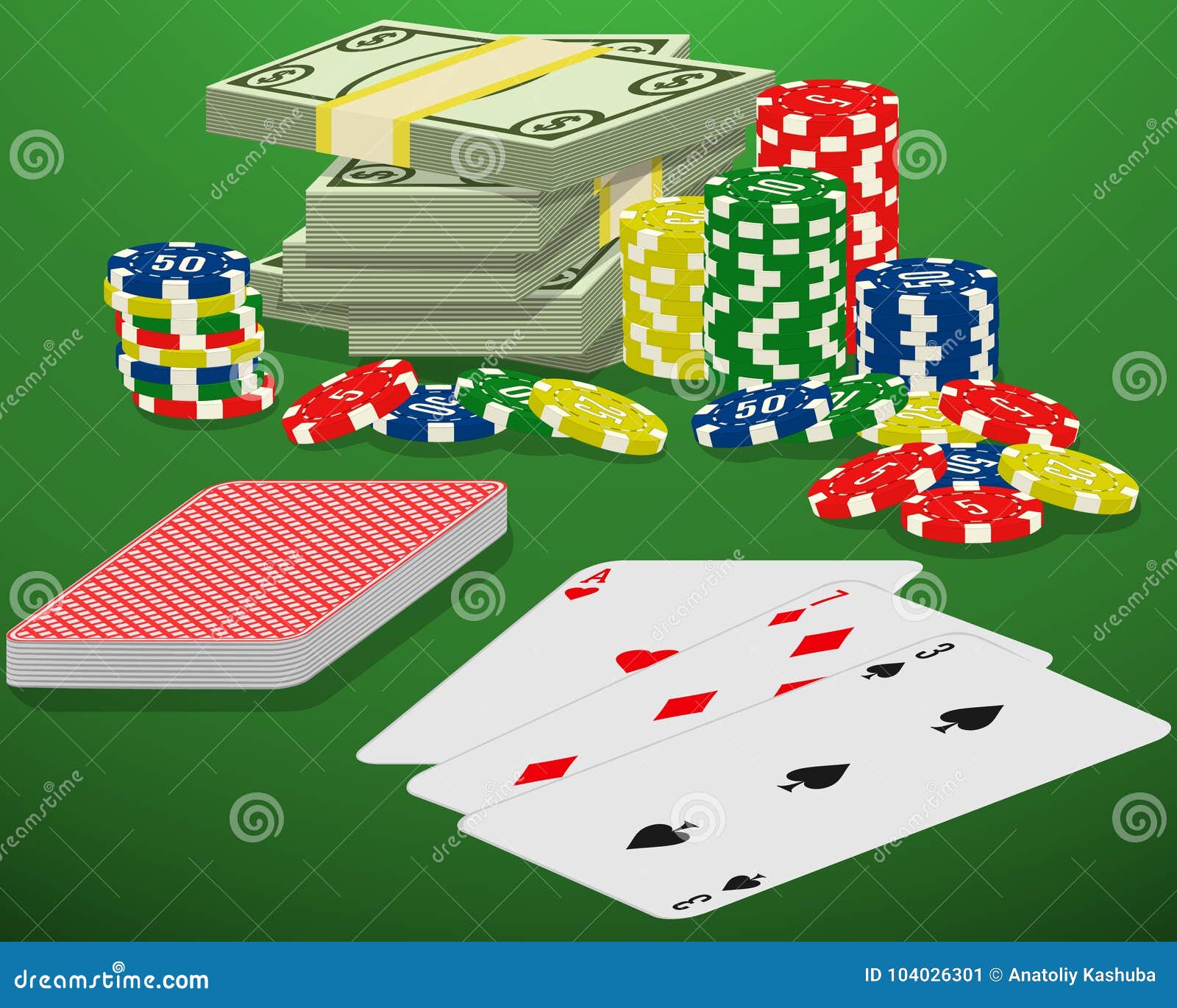playing cards, casino chips and bundle of money on a green gambling table. blackjack, card deck and cash winnings.