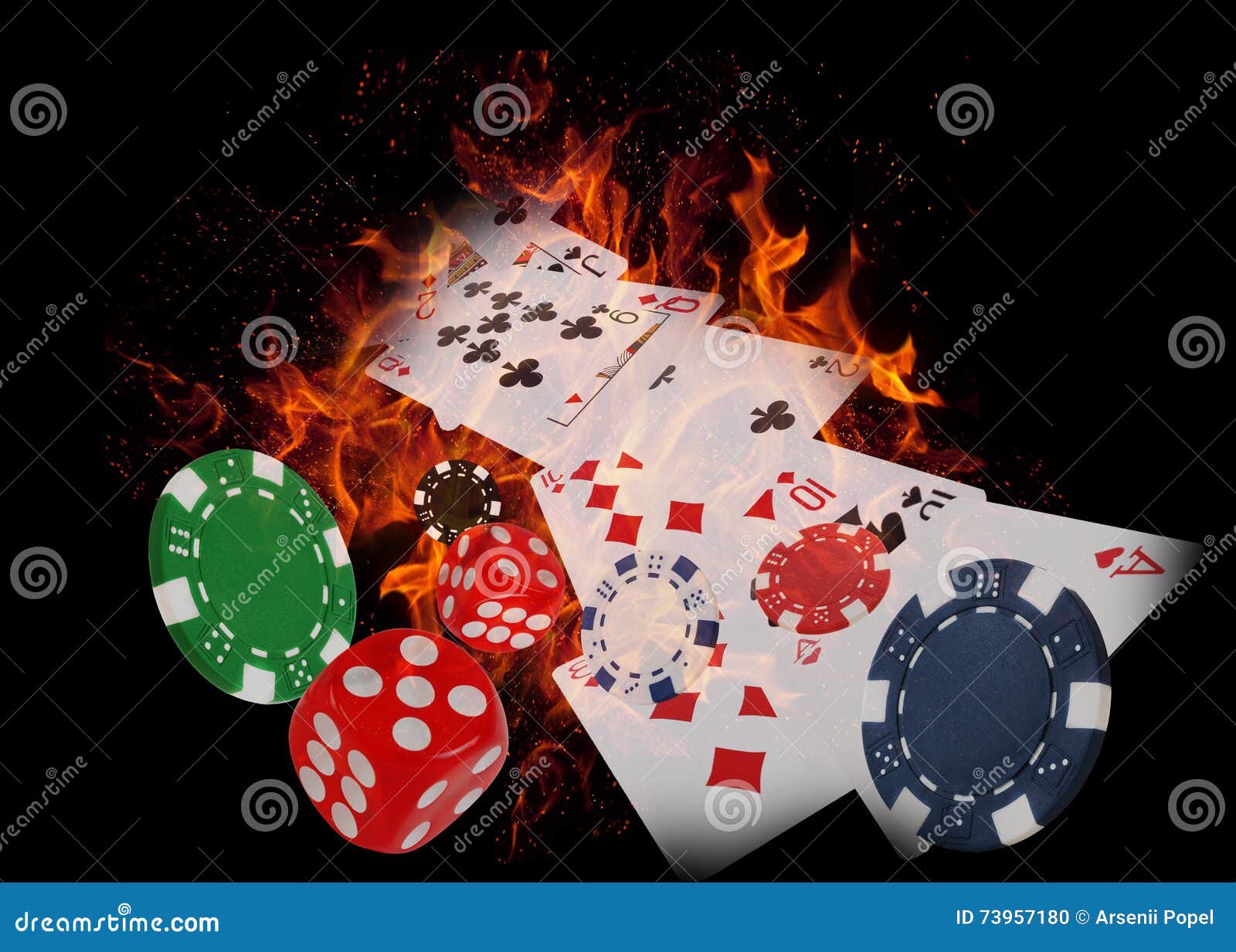 Playing Cards and Casino Chips on Fire. Poker Concept Stock Photo