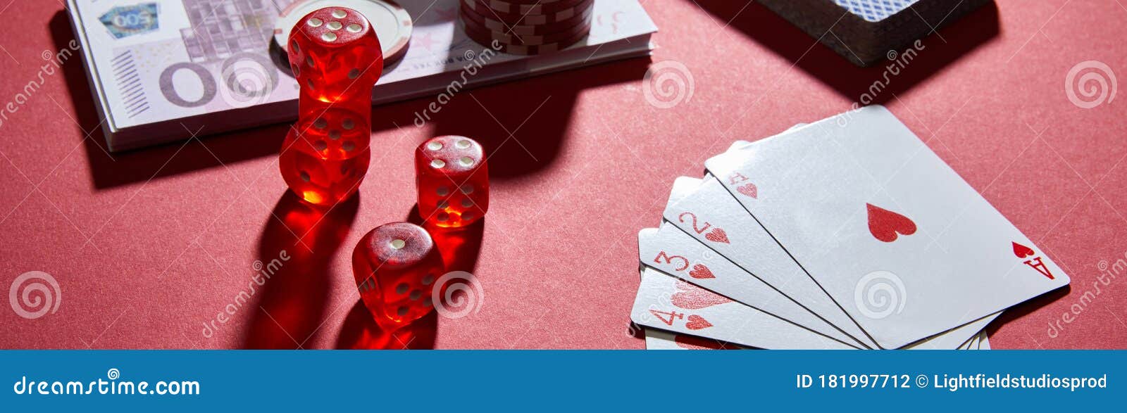 Download Playing Cards, Dice And Money On Red, Panoramic Shot Stock ...