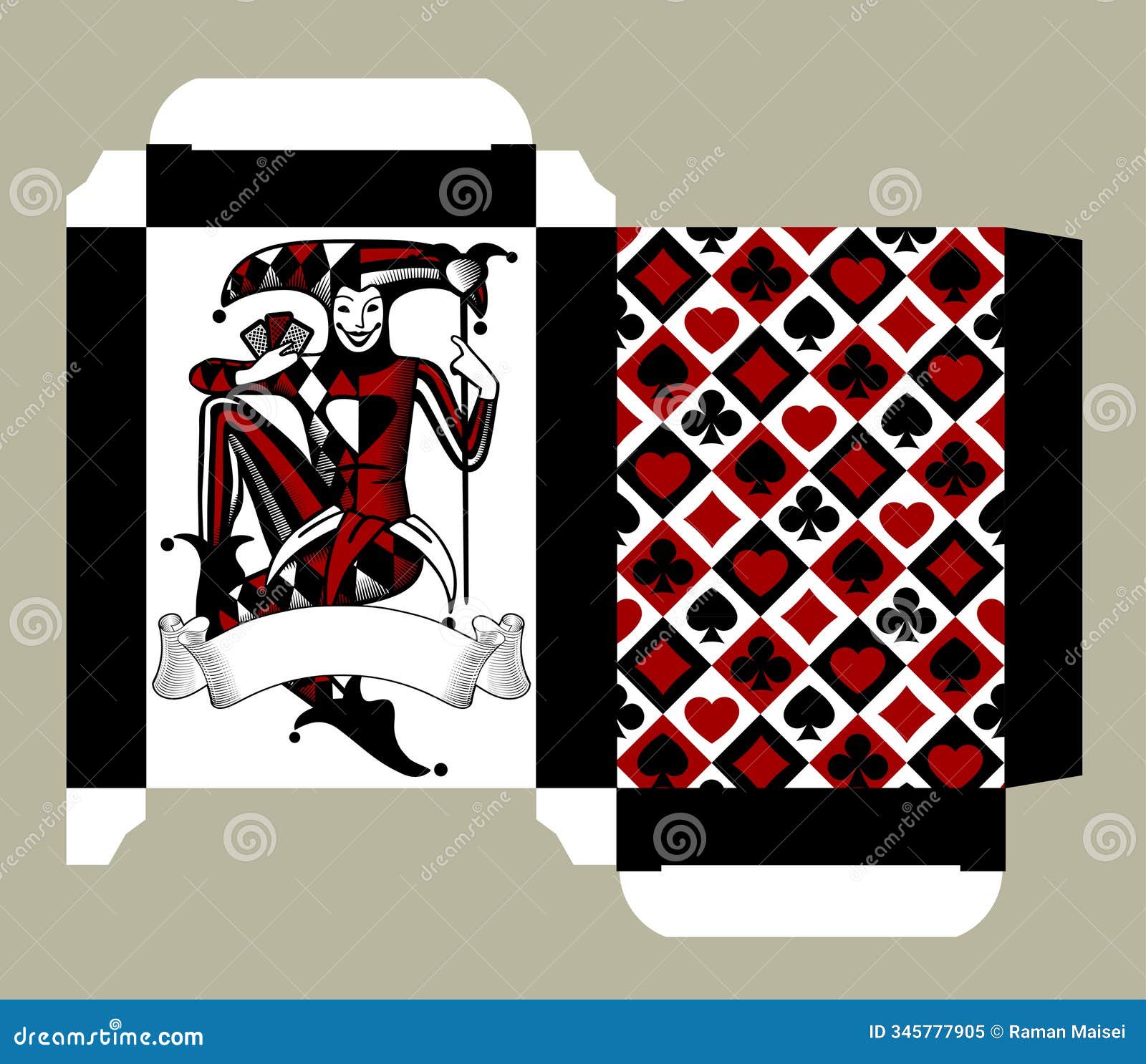 playing cards tuck box template with joker and ribbon banner in vintage engraving style and with background with playing card suit