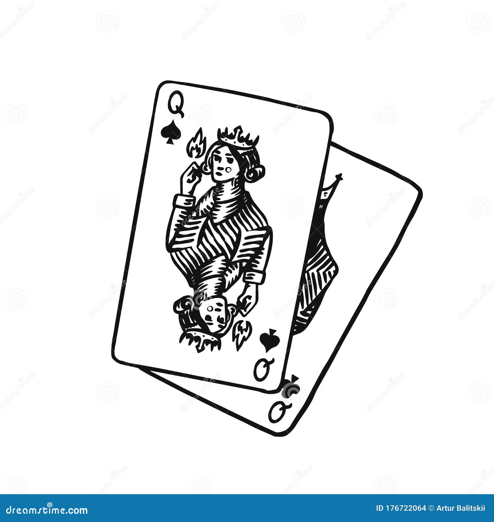 Playing Cards in Vintage Doodle Style. Spades Queen. Hand Drawn ...