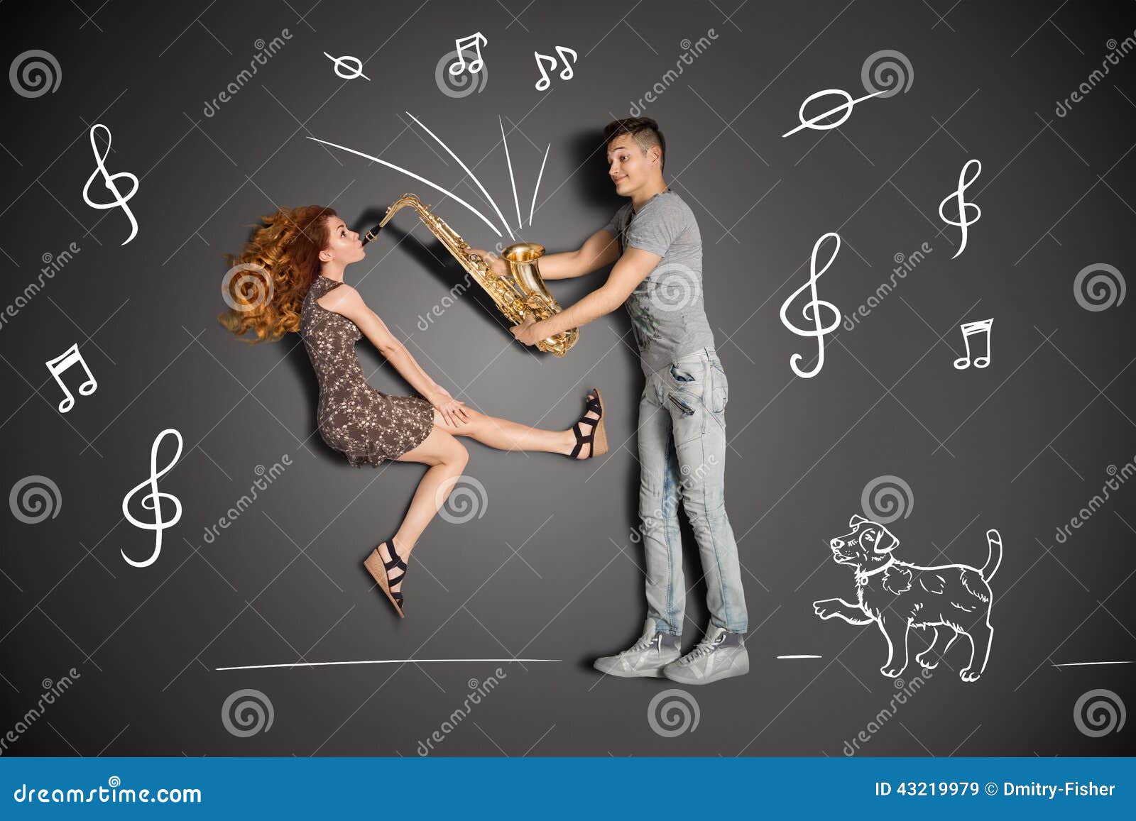 Love Story Concept Of A Romantic Couple Against Chalk Drawings Heaven  Background. Male Playing The Sax For His Girlfriend. Stock Photo, Picture  and Royalty Free Image. Image 41249264.