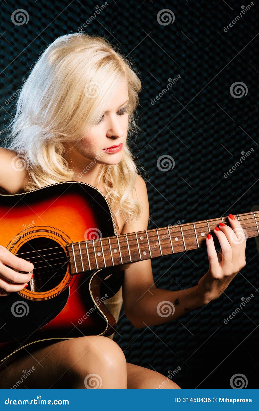 Attractive Girl Musician Plays On Golden Stock Photo 1442288927