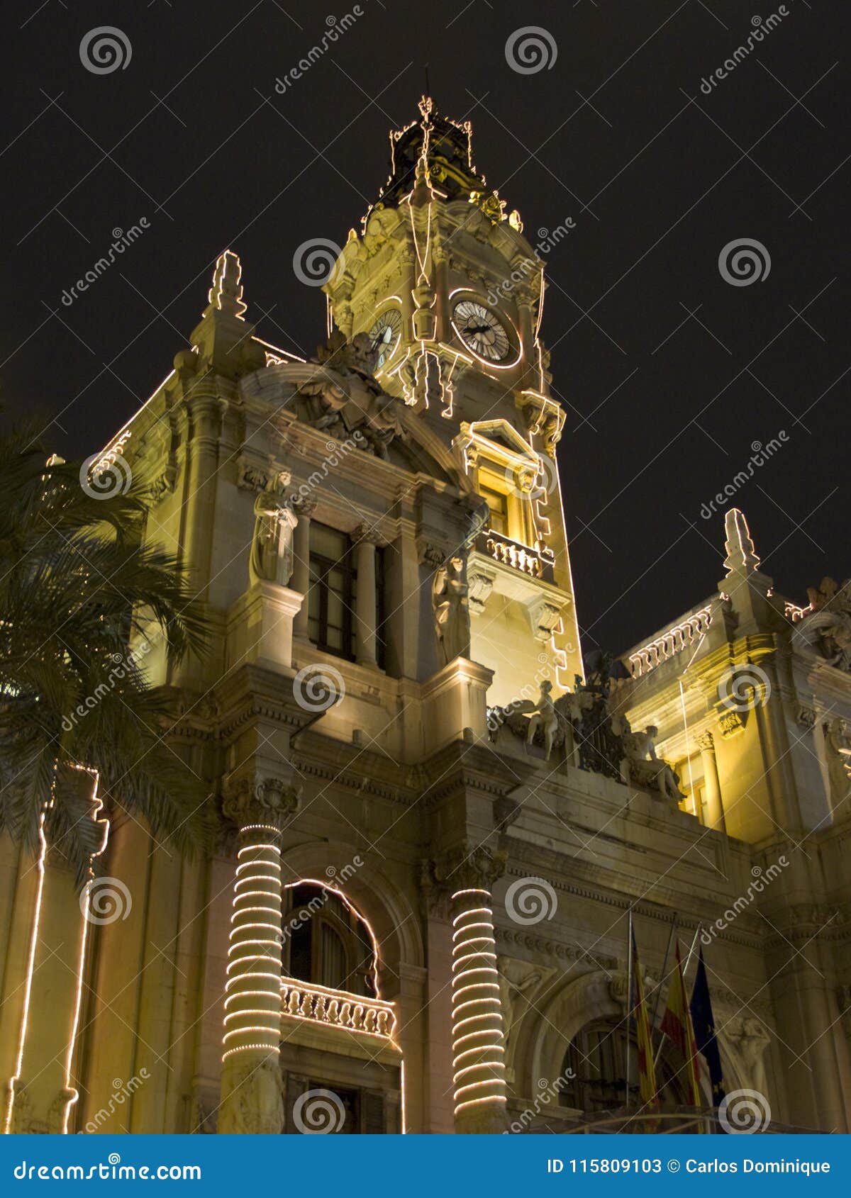 plaza del ayuntamiento by night in fallas, valencia