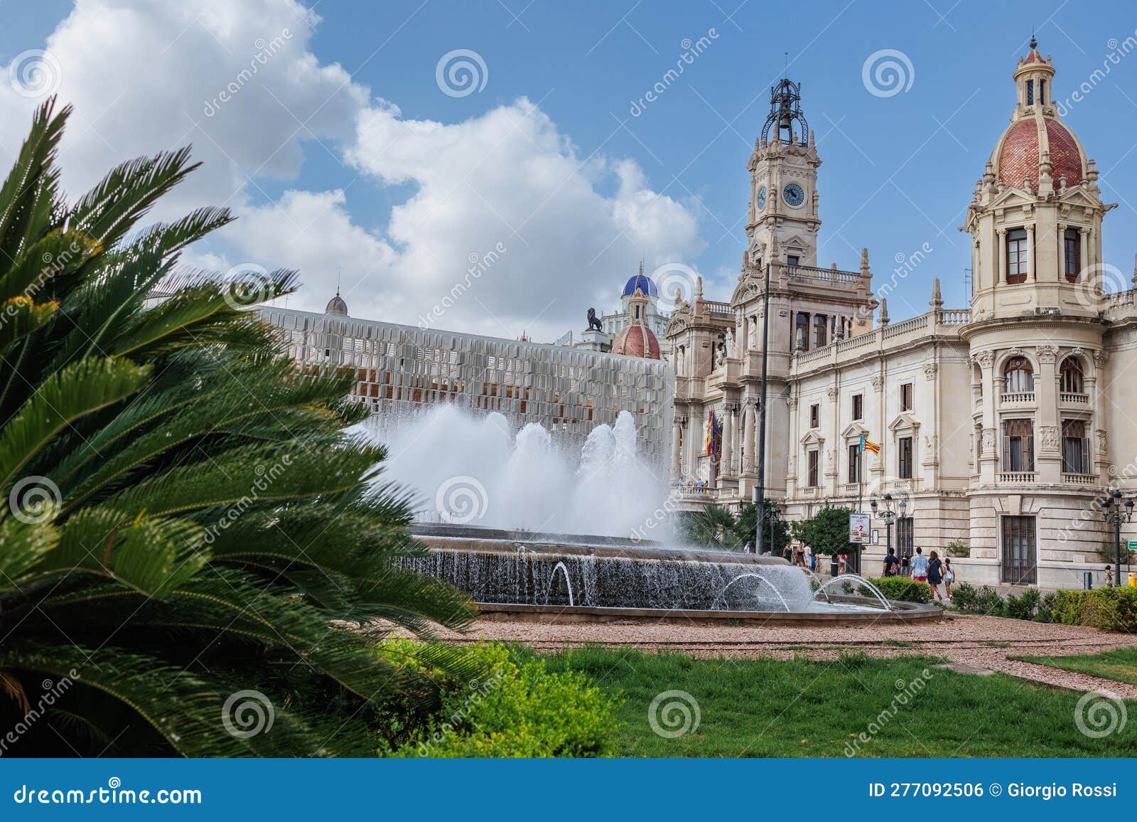 plaza del ayuntamiento in valencia, city hall building, fountain and square, spain