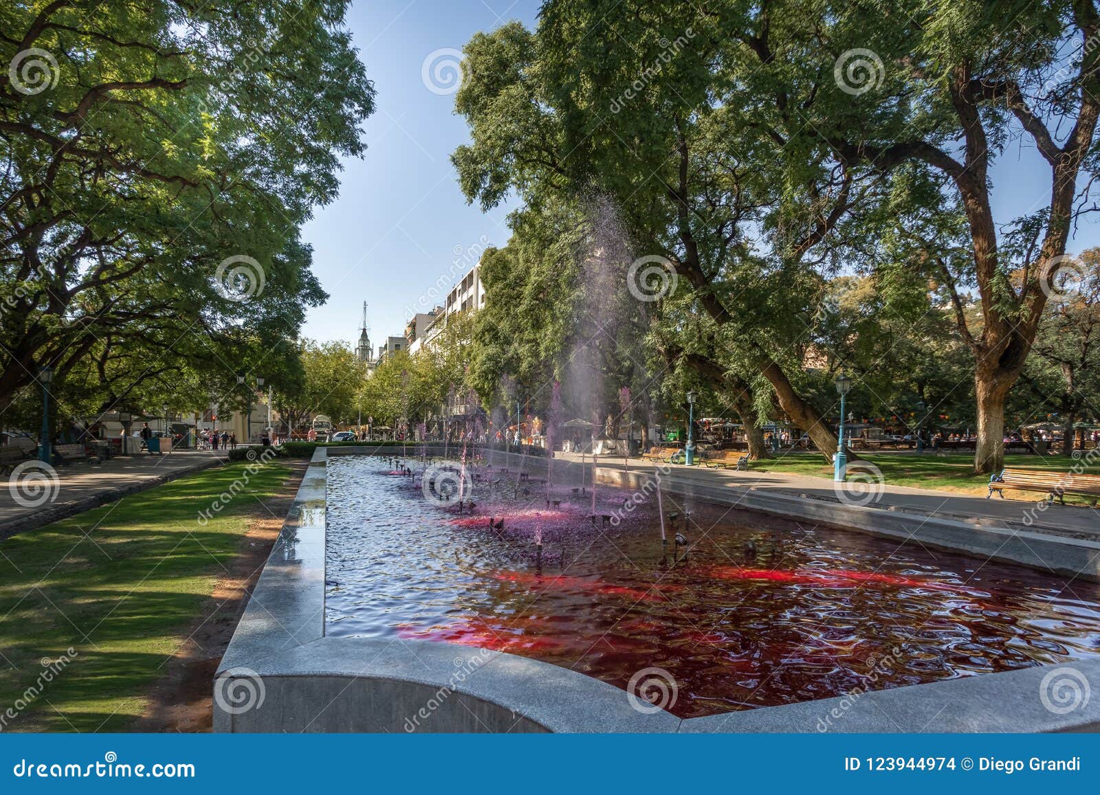 plaza independencia independence square fountain with red water like wine - mendoza, argentina - mendoza, argentina