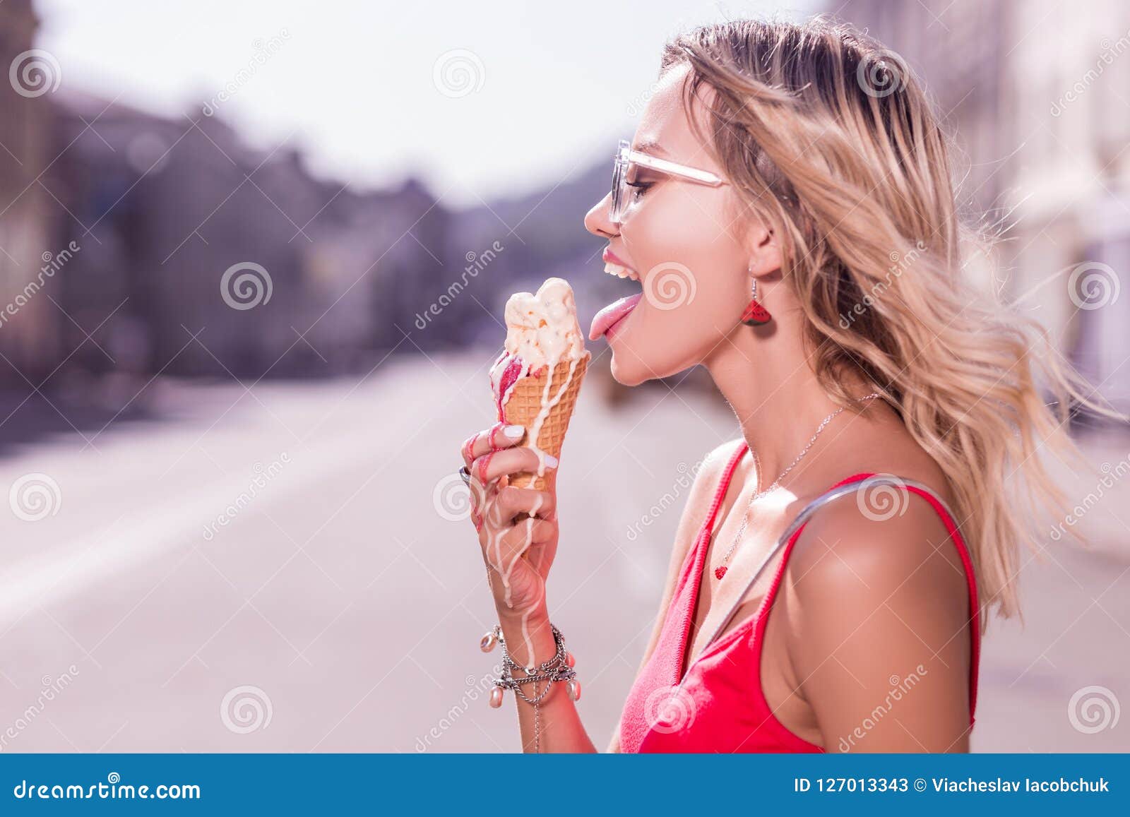 Joyful Attractive Young Woman Eating Her Ice Cream Stock Image Image Of Nutrition City 127013343 