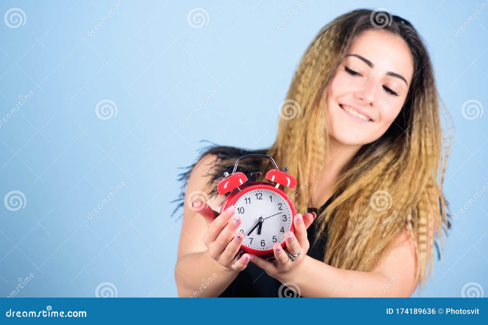 Please Observe Time. Girl Hold Alarm Clock. Regime Early Awakening ...