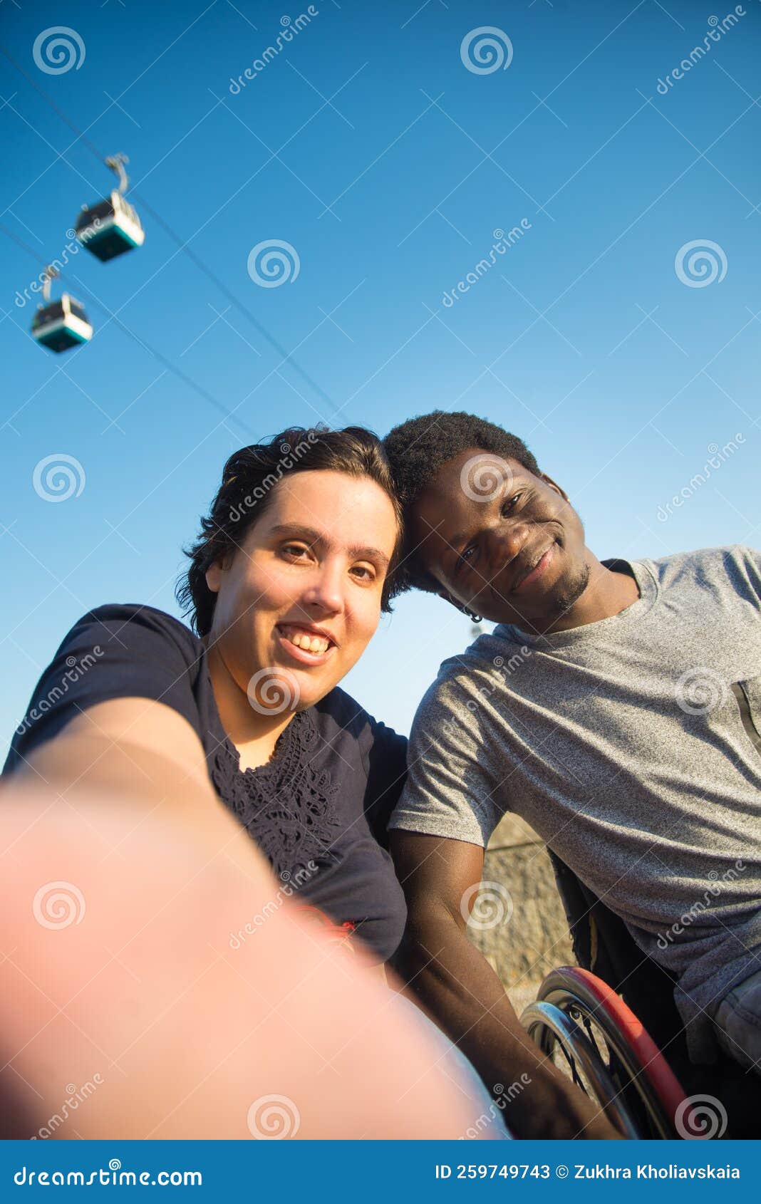 Pleased Biracial Couple Taking Selfie On Embankment Stock Image Image