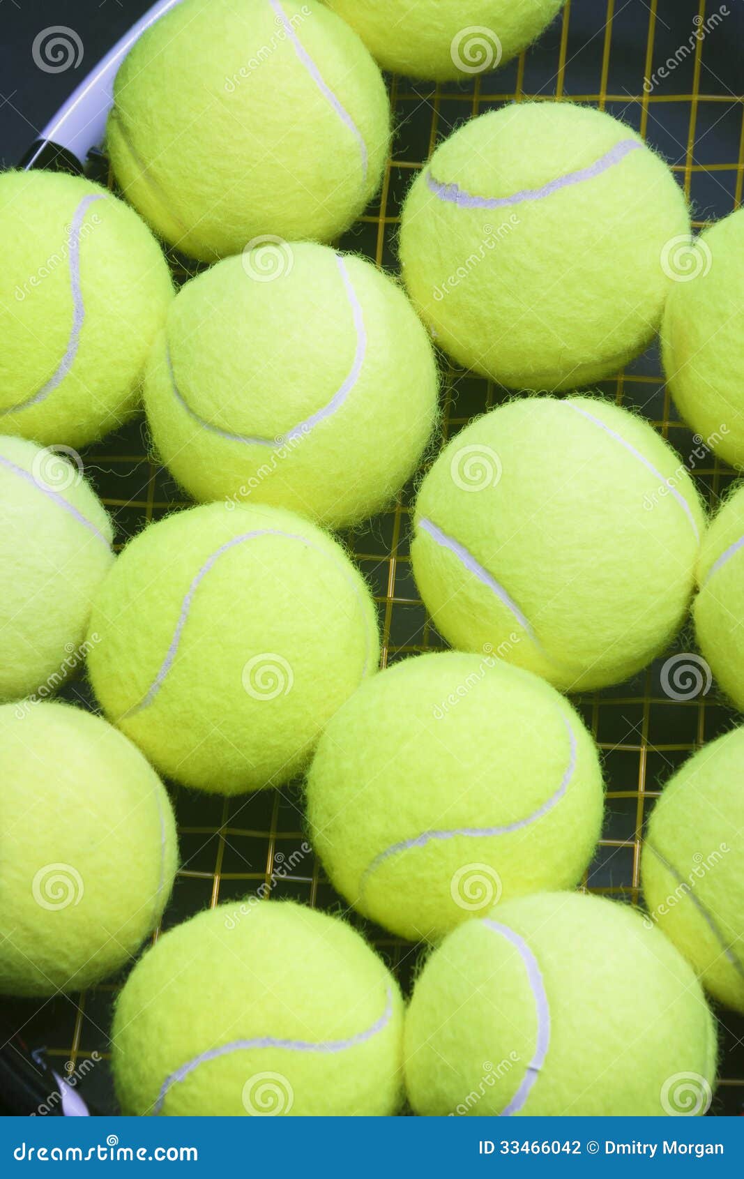 plenty of tennis balls on raquet strings