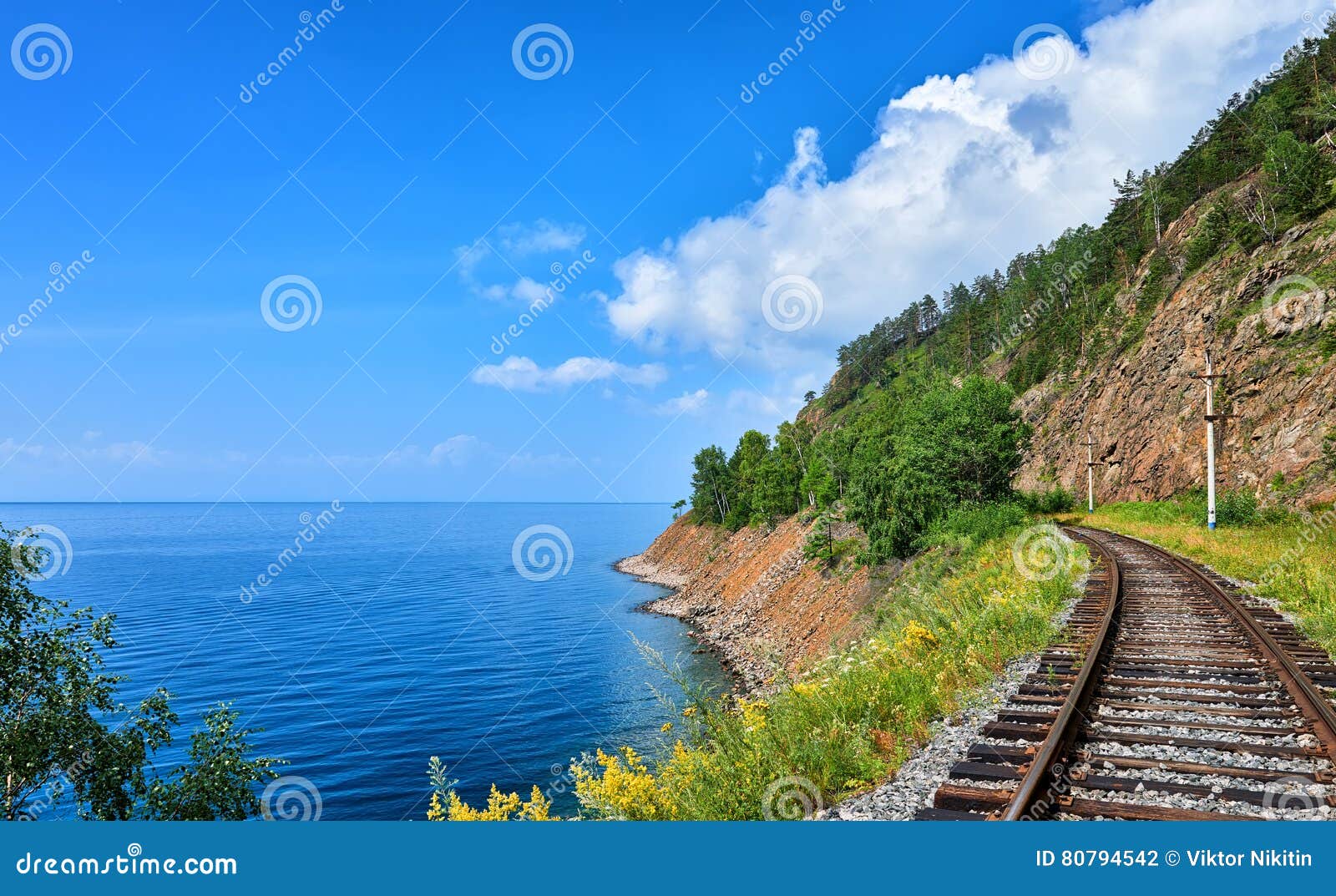 plot circum-baikal railway near steep bank of lake baikal