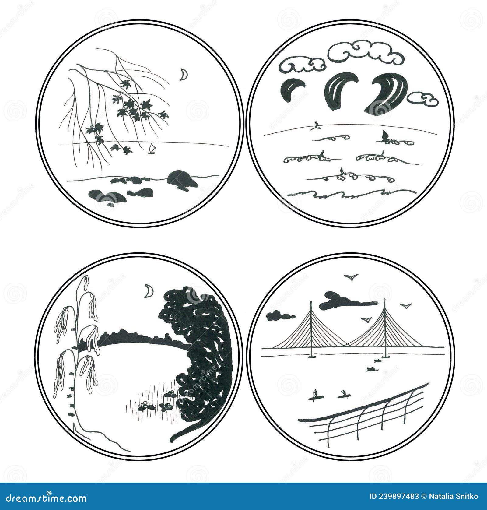 set of stylized graphic summer romantic landscapes in circle frames
