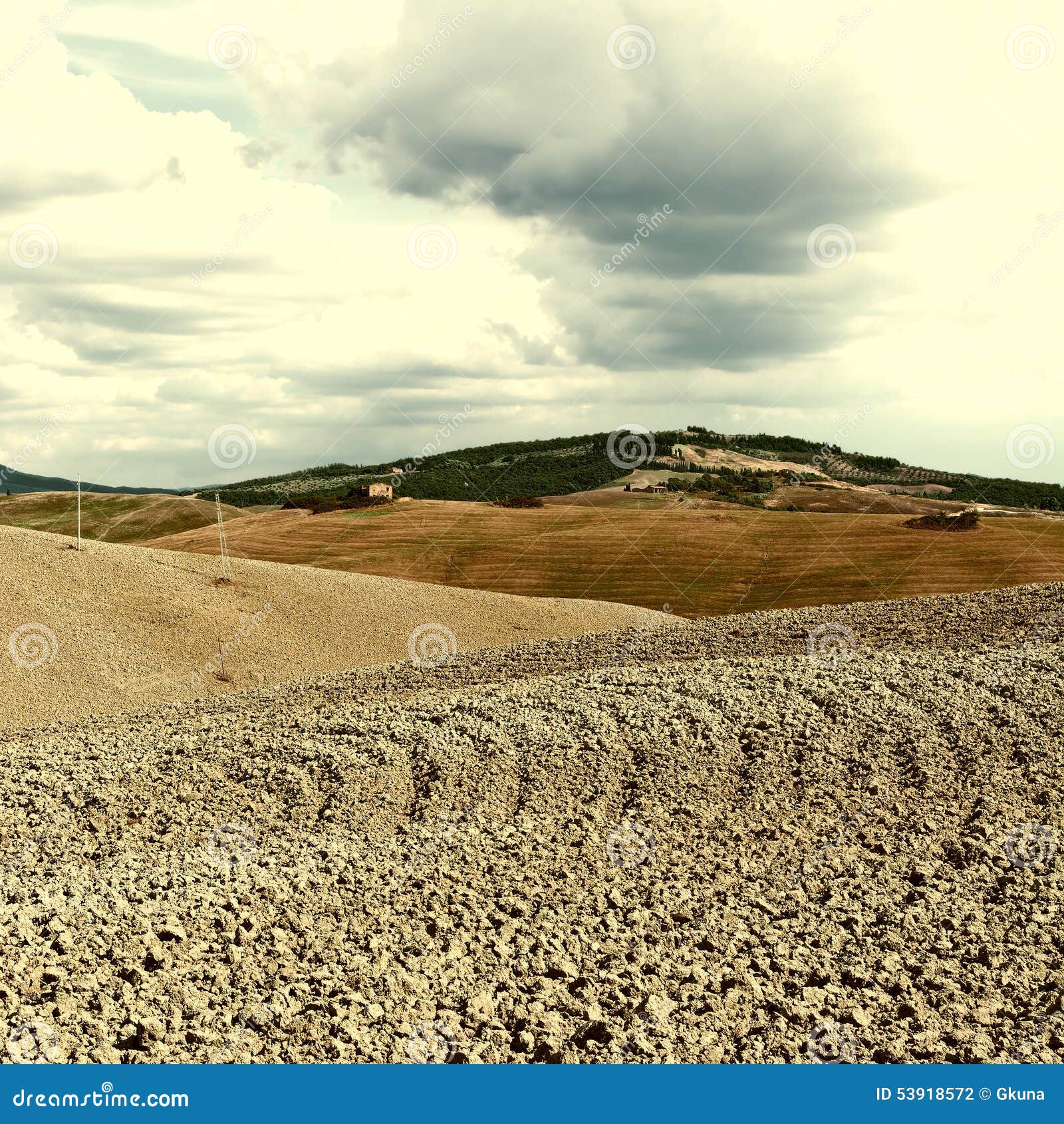 Plowed Hills. Plowed Sloping Hills of Tuscany in the Autumn, Retro Image Filtered Style