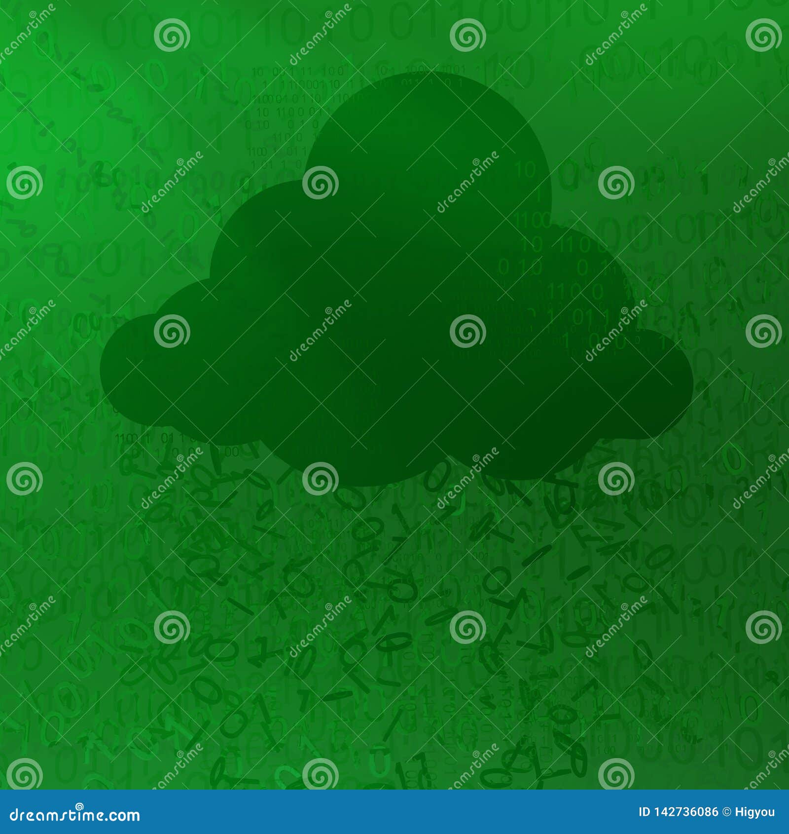 Pluie virtuelle de données de nuage. Vert en ligne de pluie de nuage, illustration de l'abrégé sur 3d réalité virtuelle de cyberespace, horizontale