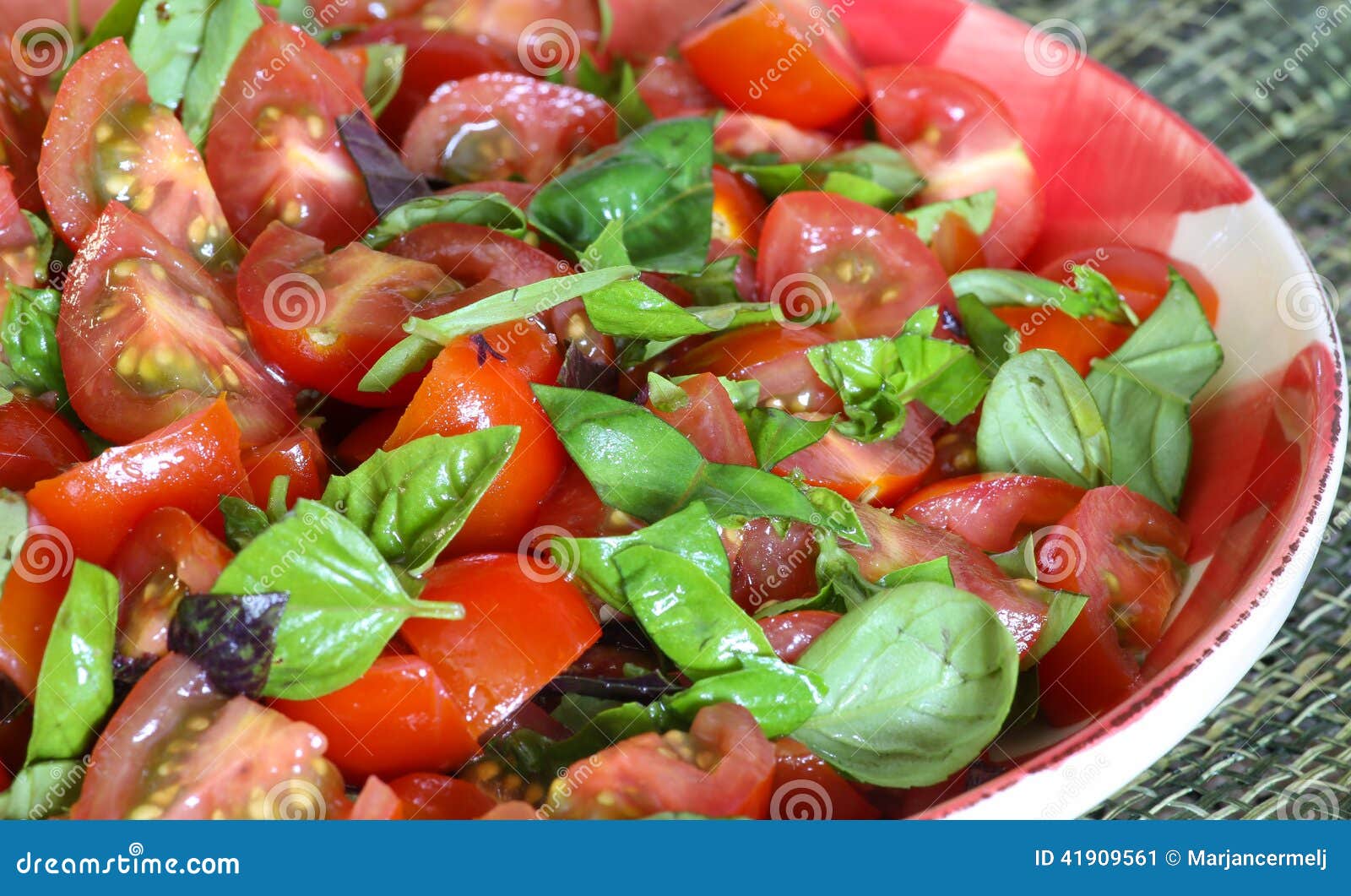 Plum Baby Tomato Salad with Basil Gingham Plate Imagem de Stock