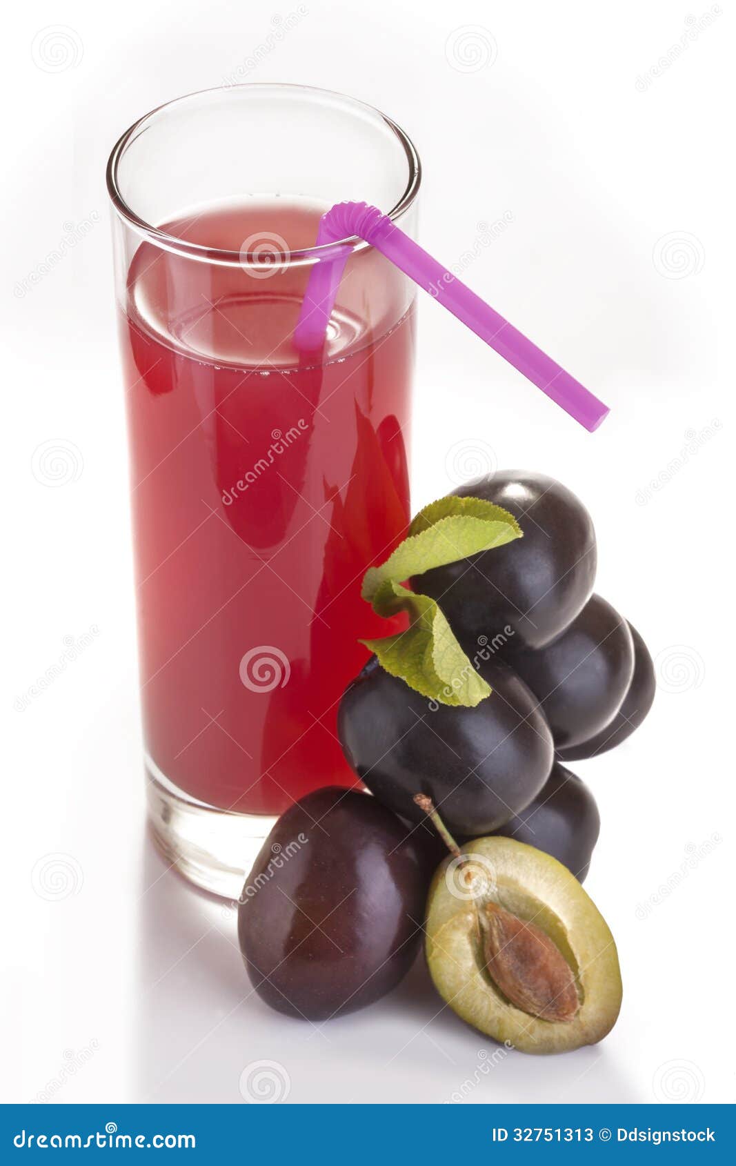 Healthy and fresh organic plum juice on white