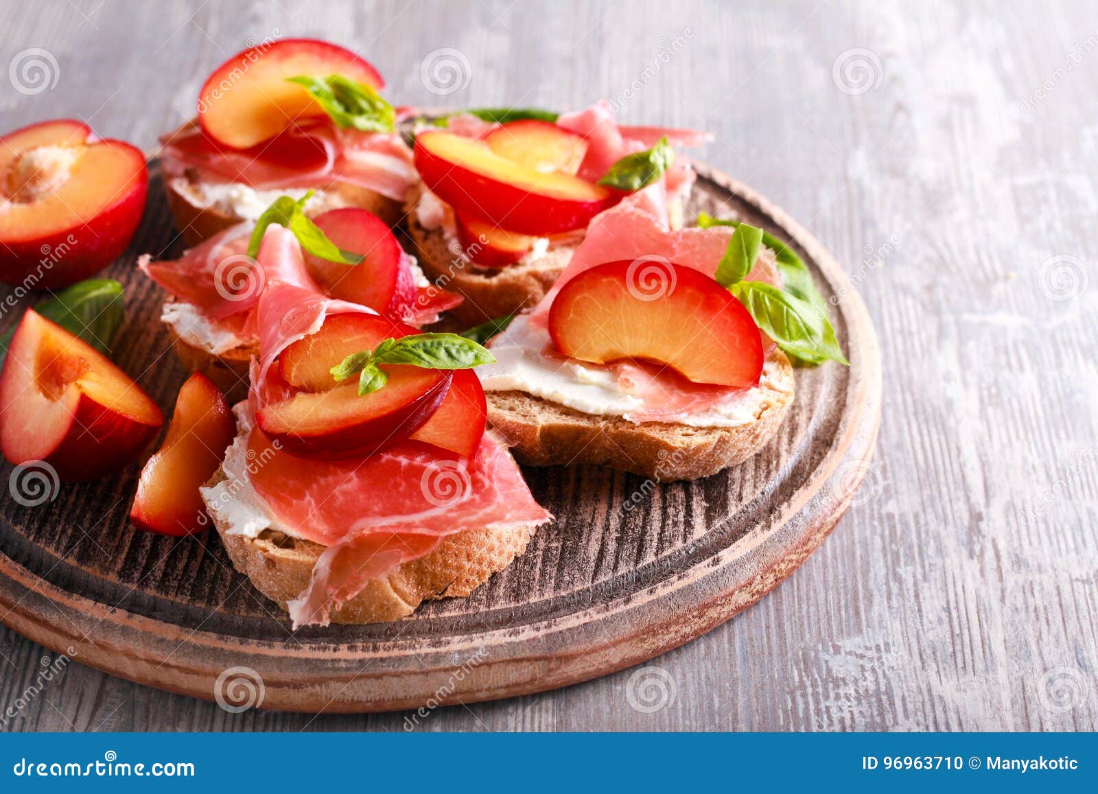 Plum, Prosciutto and Ricotta Bruschetta Stock Photo Image of brunch