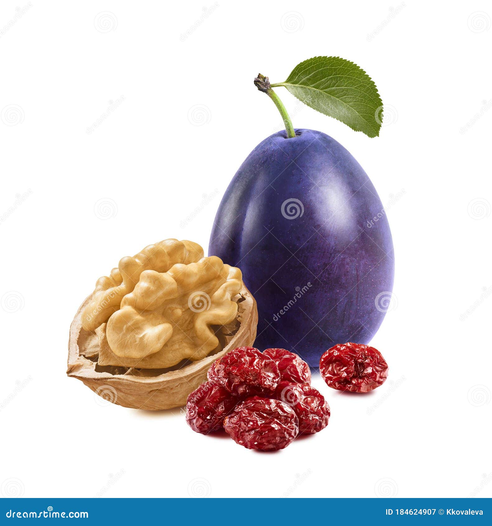 Plum, Walnut and Dried Cranberry Isolated on White Background Stock