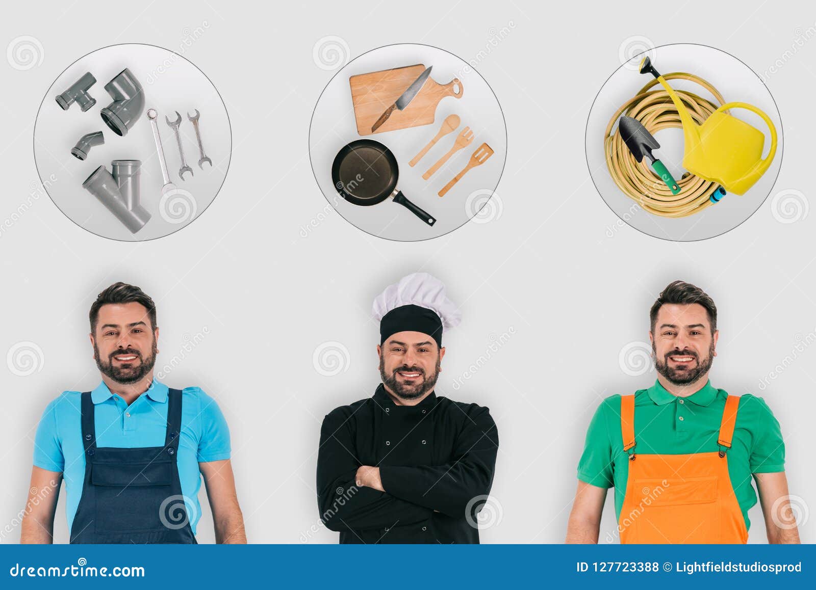 Plumber Chef And Gardener With Professional Equipment Occupations