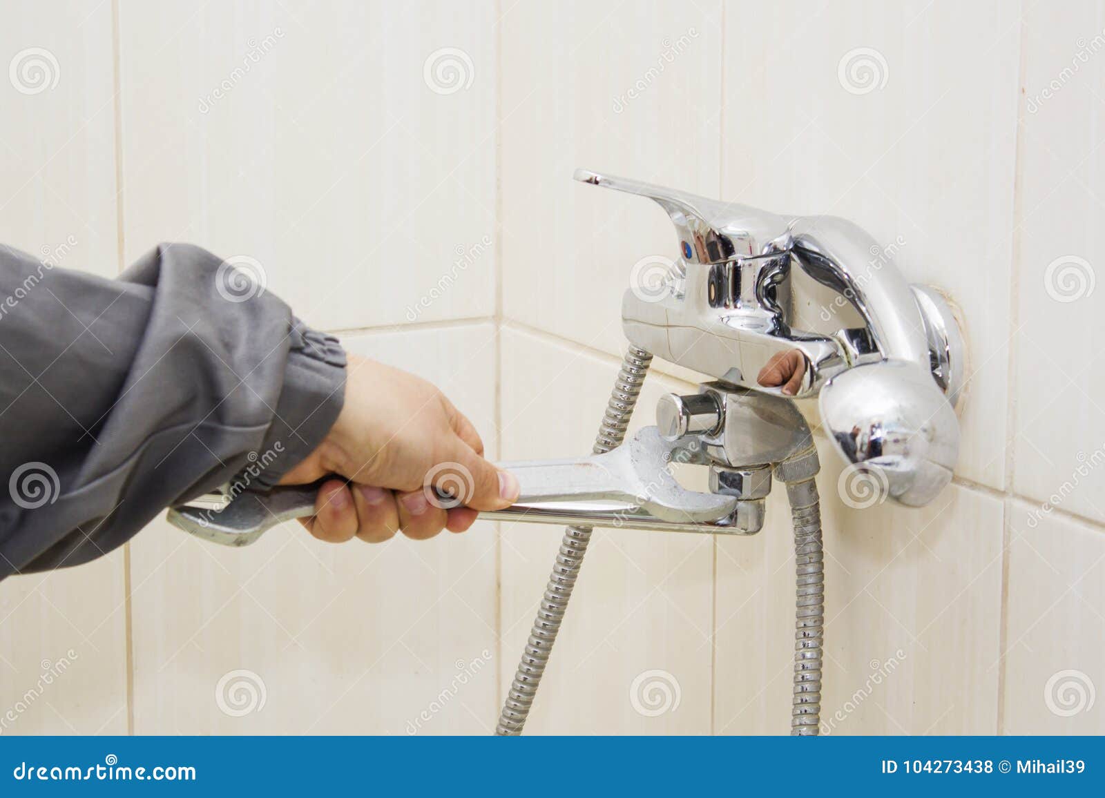Plumber Hands Fixing Water Tap with Spanner Stock Photo Image of