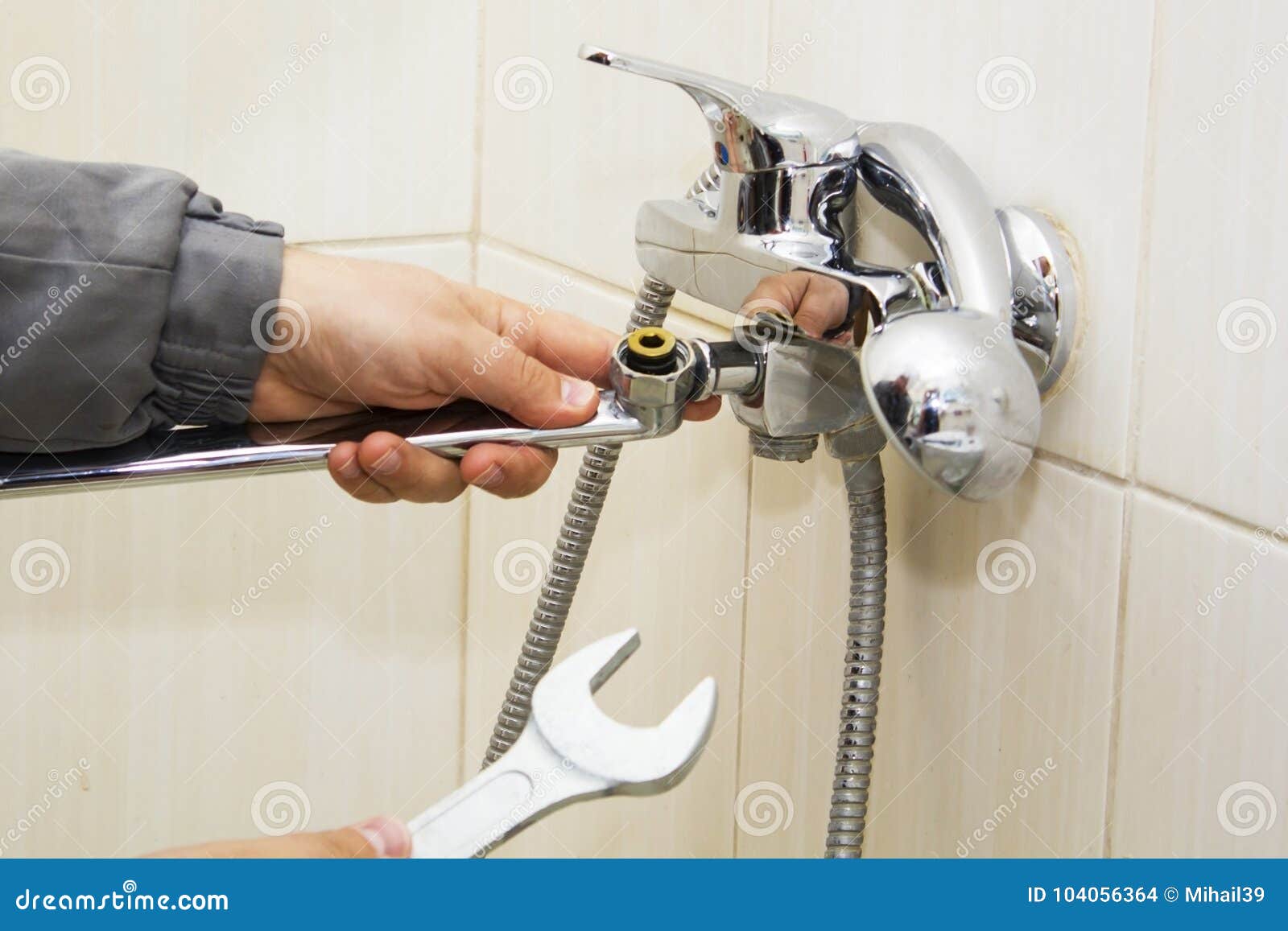 Plumber Hands Fixing Water Tap with Spanner Stock Photo Image of