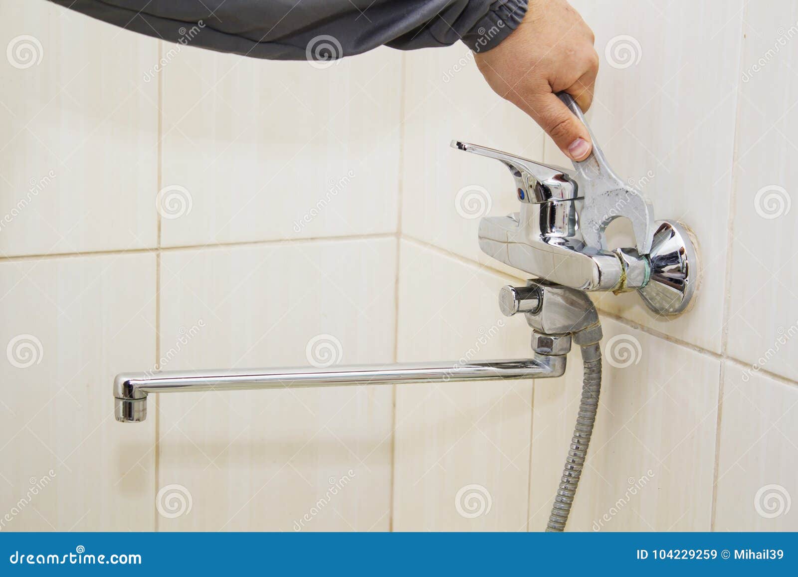 Plumber Hands Fixing Water Tap with Spanner Stock Image Image of