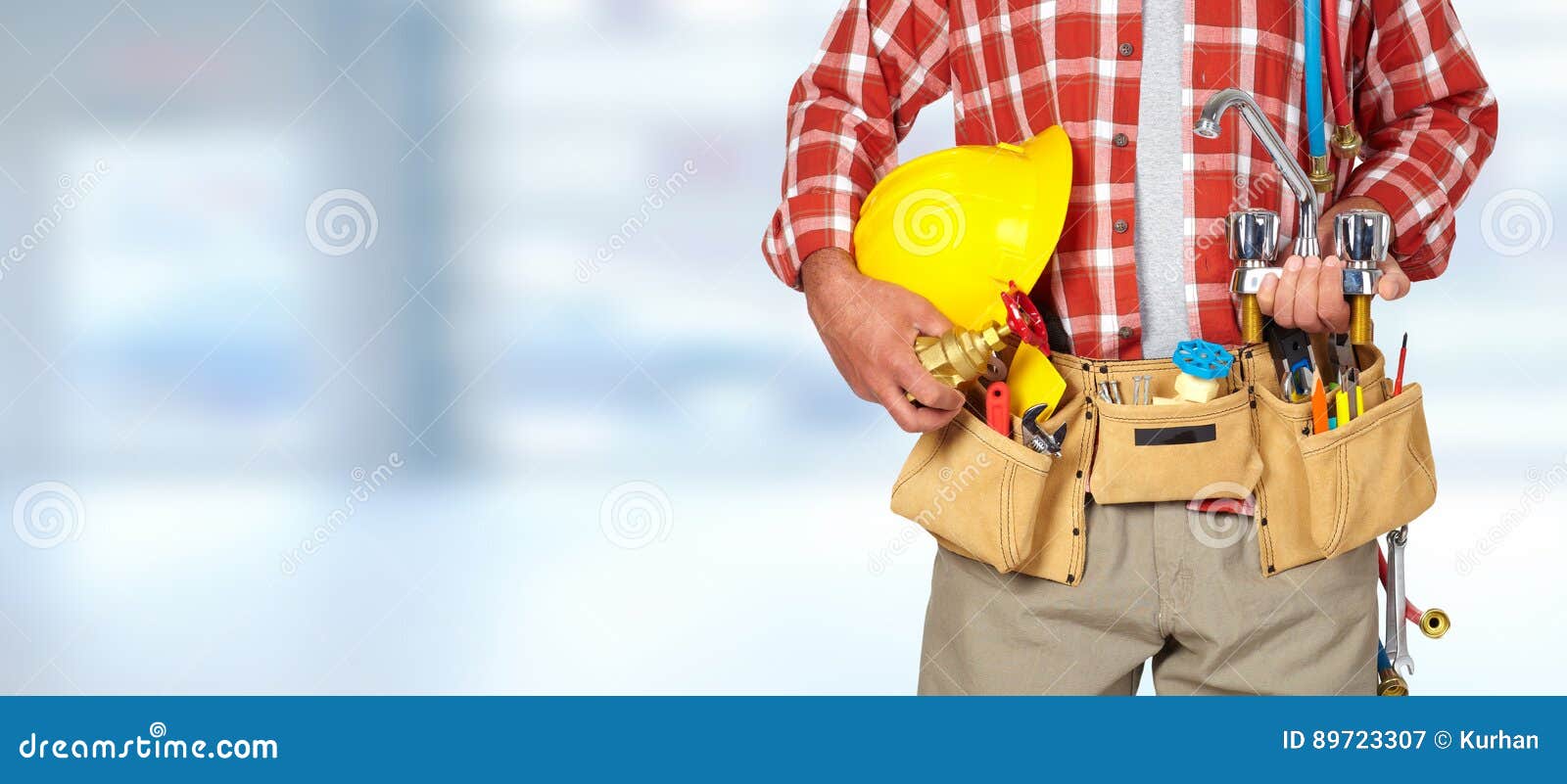 Plumber Hands with Helmet and Water Tap. Stock Image Image of