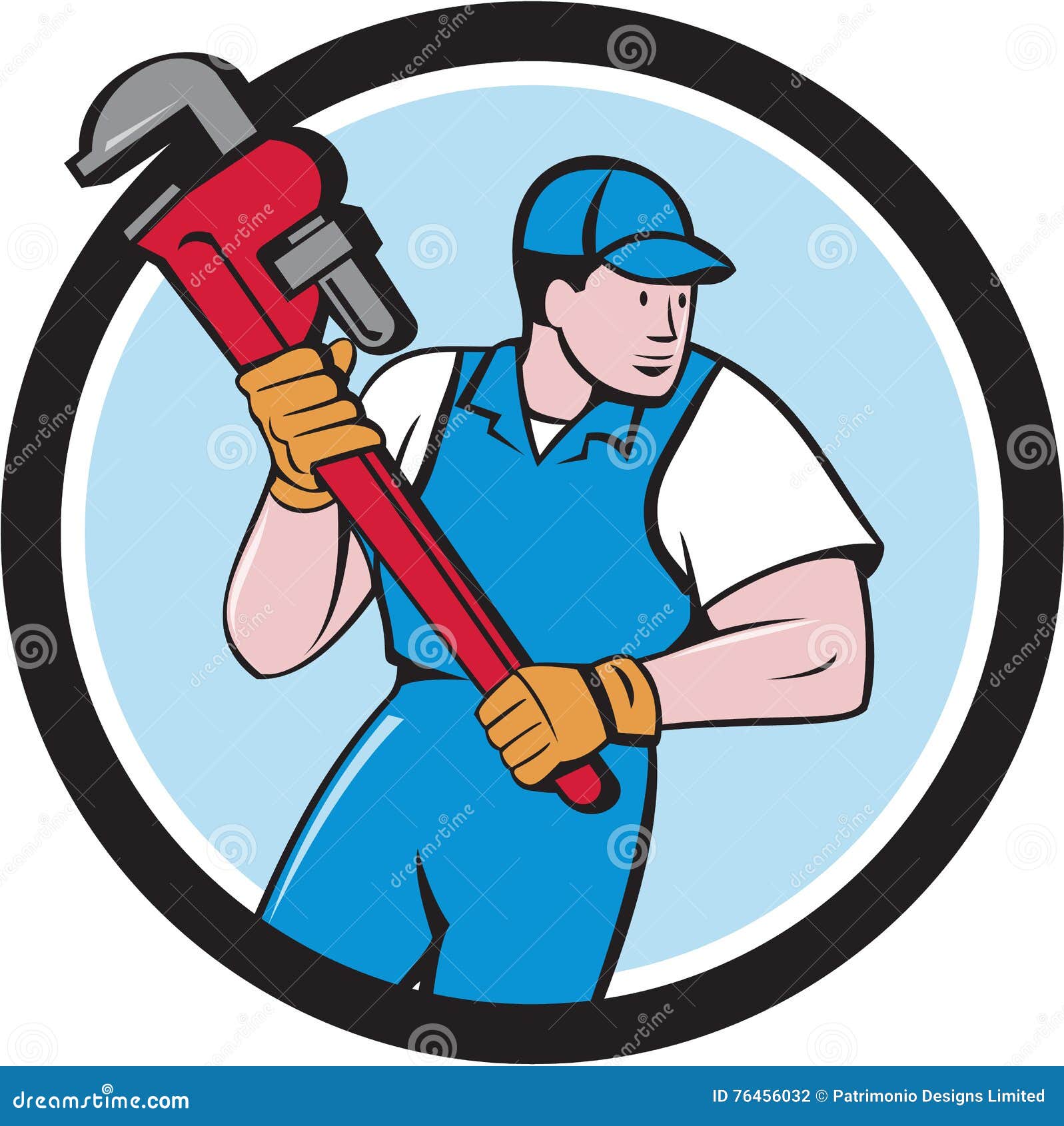 plumber holding pipe wrench circle cartoon