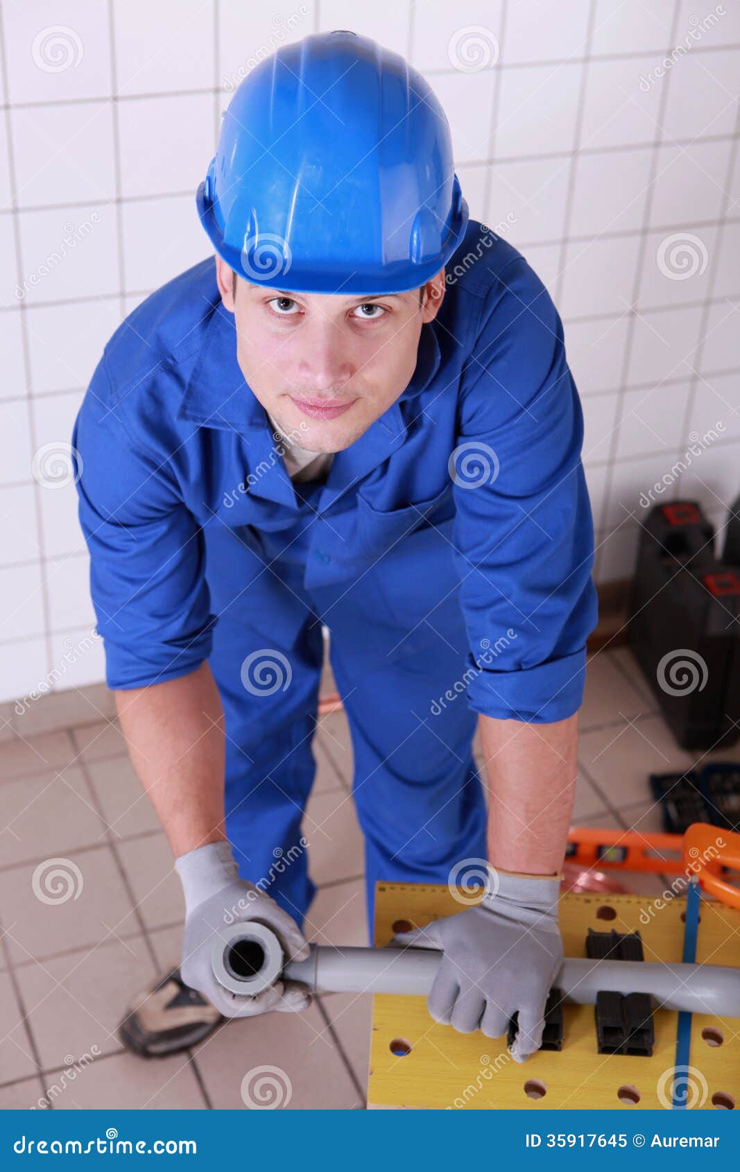 Plumber preparing pipe stock image. Image of tile, plumber 35917645