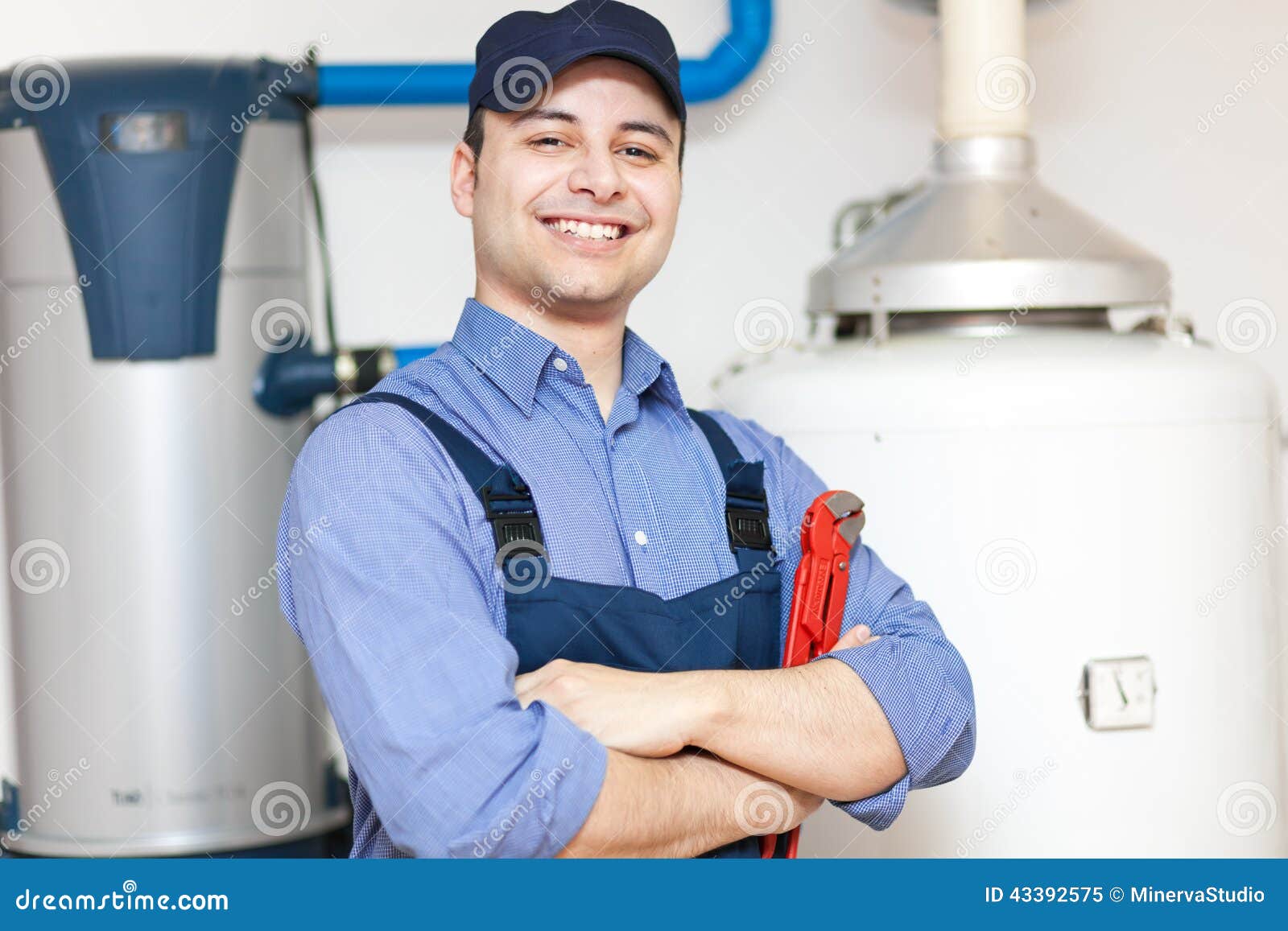 Plumber Repairing an Hotwater Heater Stock Image Image of pipefitter
