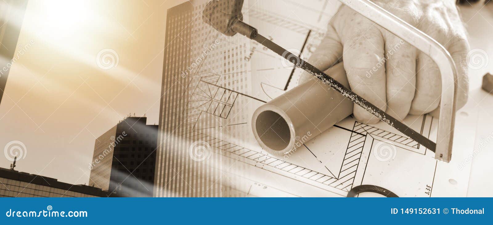 Plumber Sawing a Pvc Pipe; Multiple Exposure Stock Image Image of